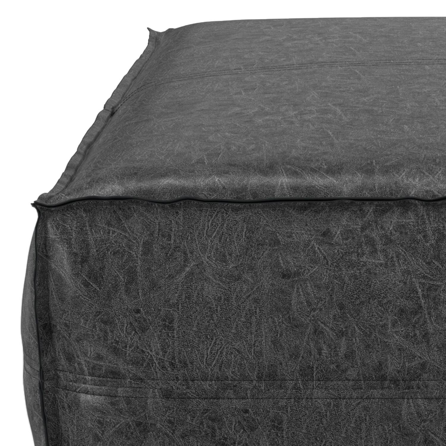 Alt View 3. Simpli Home - Brody 36 inch Wide Boho Square Extra Large Coffee Table Pouf in Distressed Black Vegan Faux Leather - Distressed Black.
