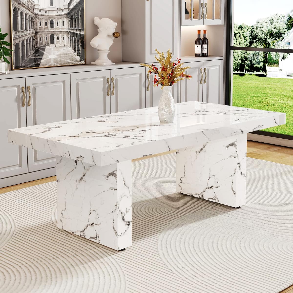 Loheer - Marble Pattern MDF Dining Table for 8 to 10 People - White