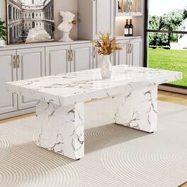 Loheer - Marble Pattern MDF Dining Table for 8 to 10 People - White