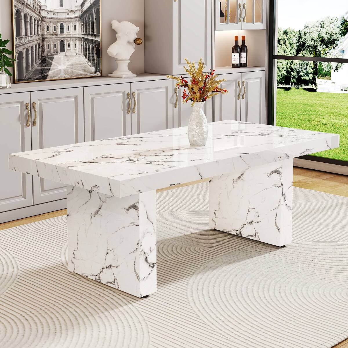 Front. Loheer - Loheer White Marble Pattern MDF Dining Table for 8 to 10 People - White.