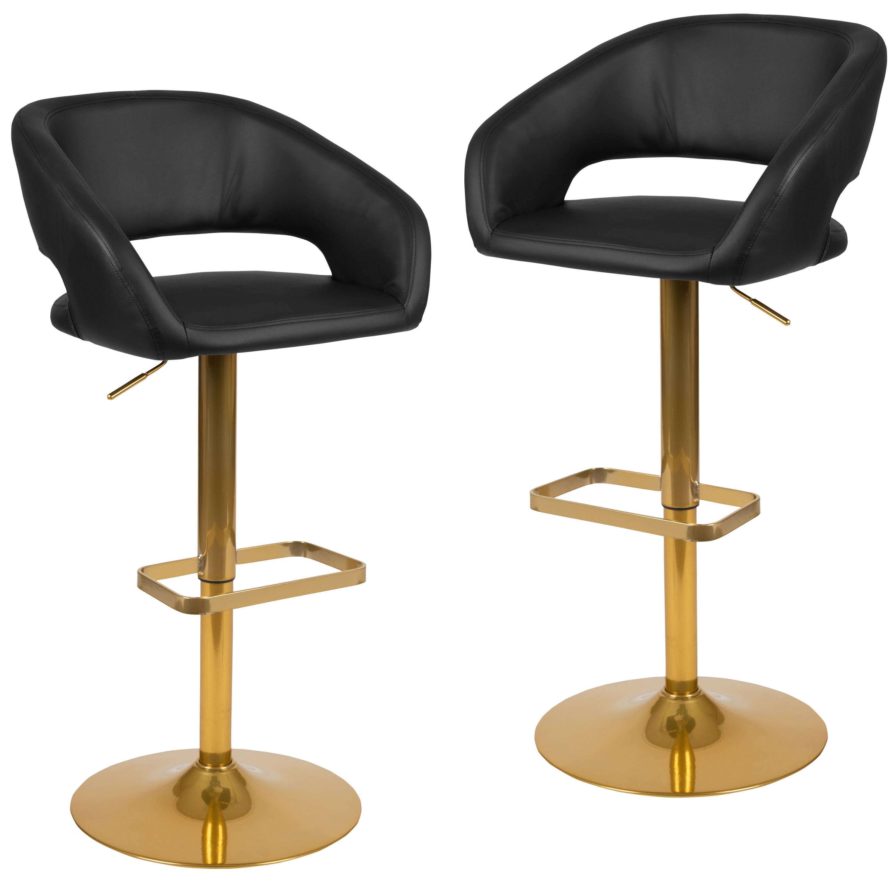Alt View 1. Emma + Oliver - Modern Vinyl Adjustable Height Barstool with Horizontal Stitch Back, Set of 2 - Black/Gold Frame.