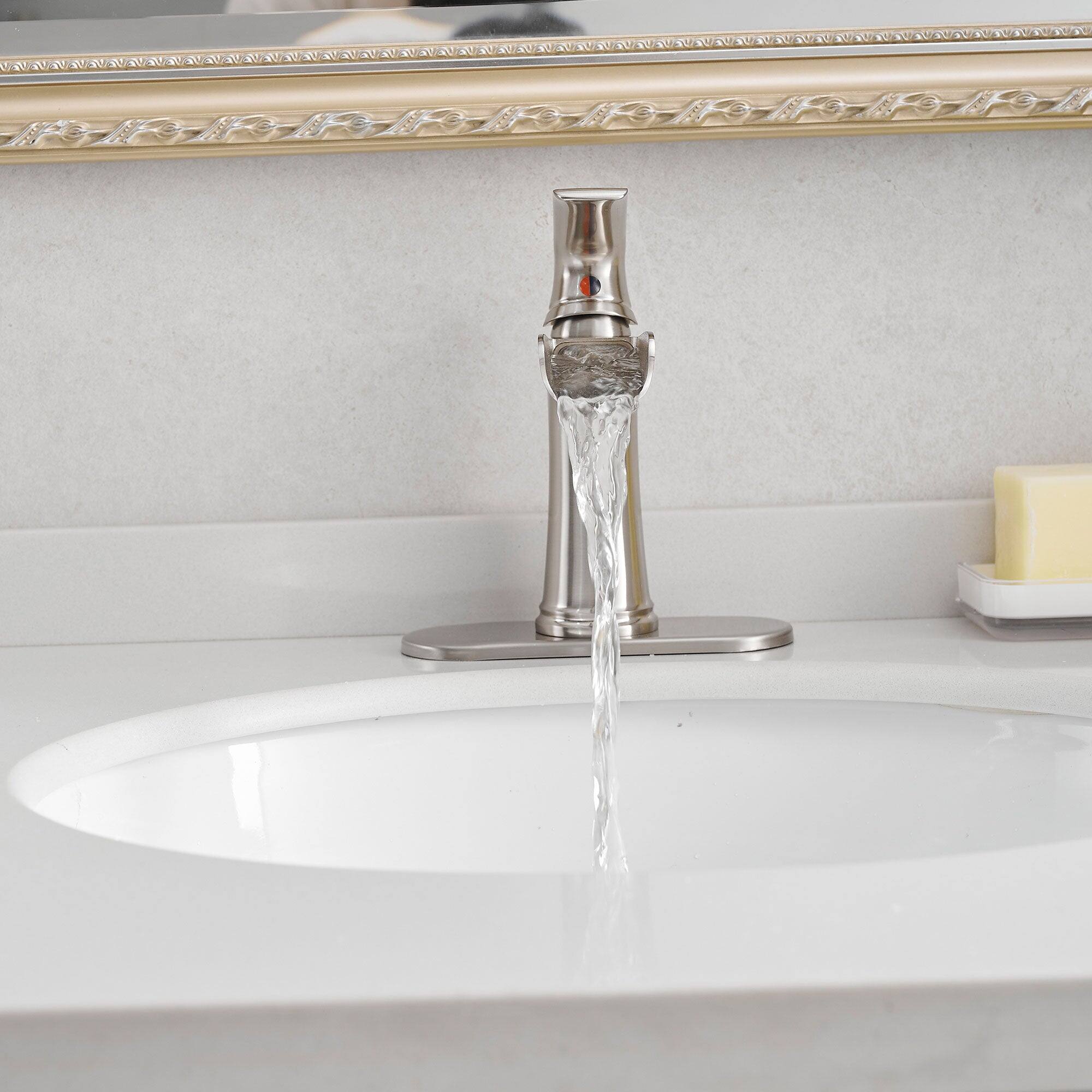 Angle. Boyel Living - Single Handle Single Hole Bathroom Faucet Brushed Nickel with Deck Plate Pop Up Drain and Water Supply Hoses - Brushed Nickel.