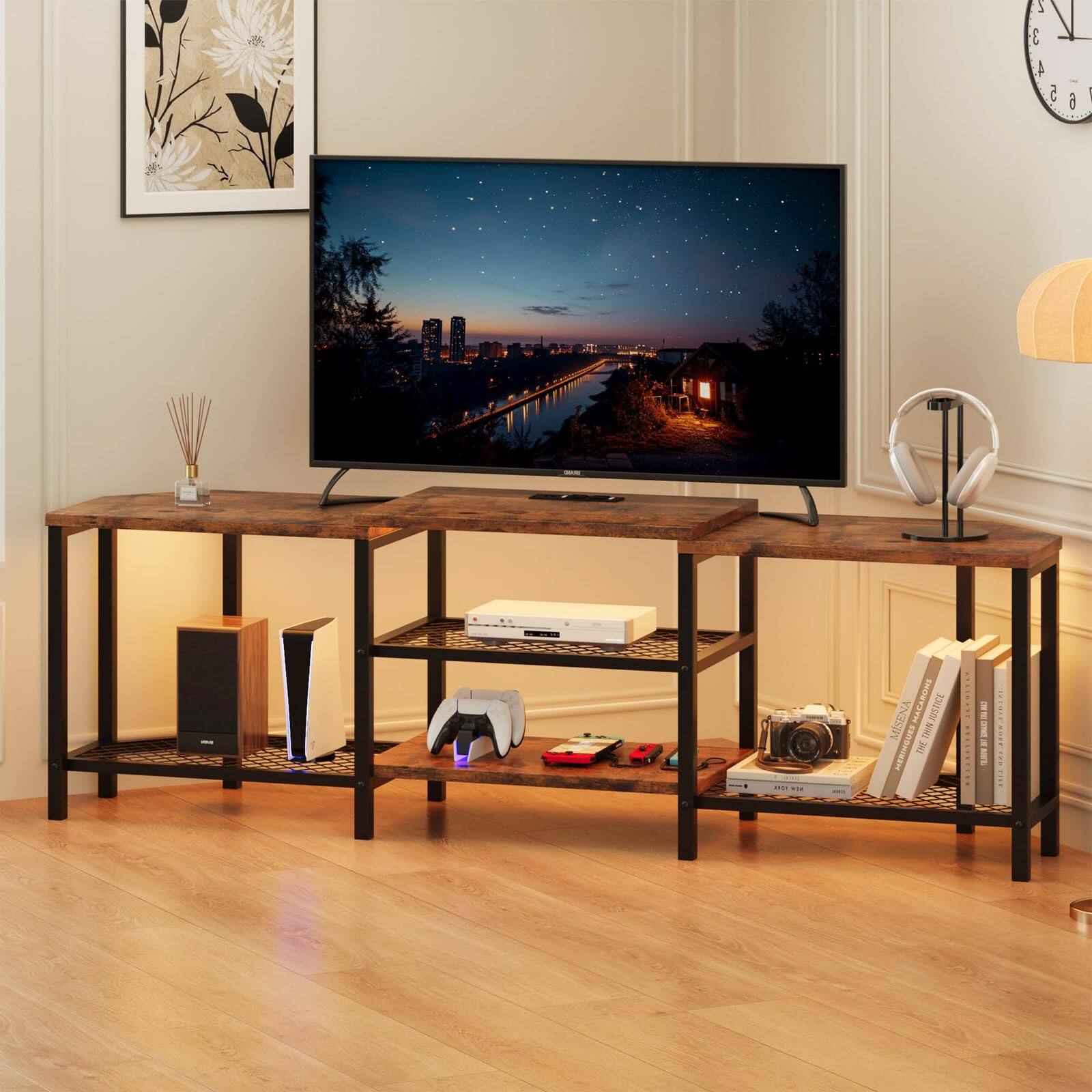 Acekool - LED TV Stand for TVs Up to 75 Inch, 67 Inch Large Entertainment Center with Power Outlets, 3-Tier Open Storage Shelves - Brown