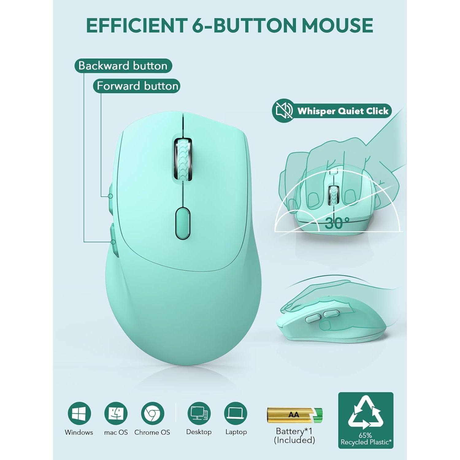 EFFICIENT 6-BUTTON MOUSE

- Backward button
- Forward button
- Whisper Quiet Click
- 30° angle

Compatible with:
- Windows
- macOS
- Chrome OS
- Desktop
- Laptop

Battery*1 (Included)
65% Recycled Plastic*