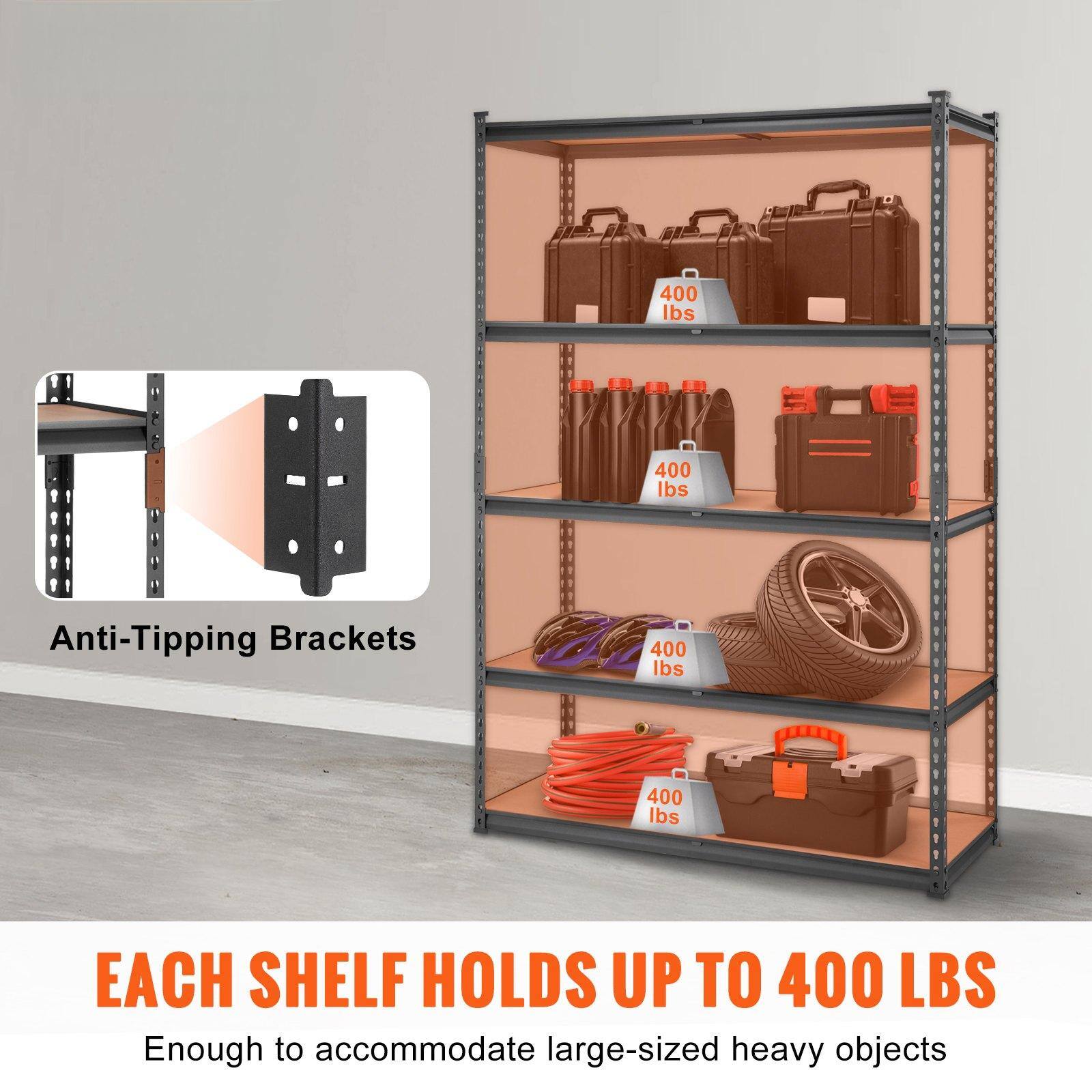 400 lbs  
400 lbs  
Anti-Tipping Brackets  
400 lbs  
400 lbs  
EACH SHELF HOLDS UP TO 400 LBS  
Enough to accommodate large-sized heavy objects