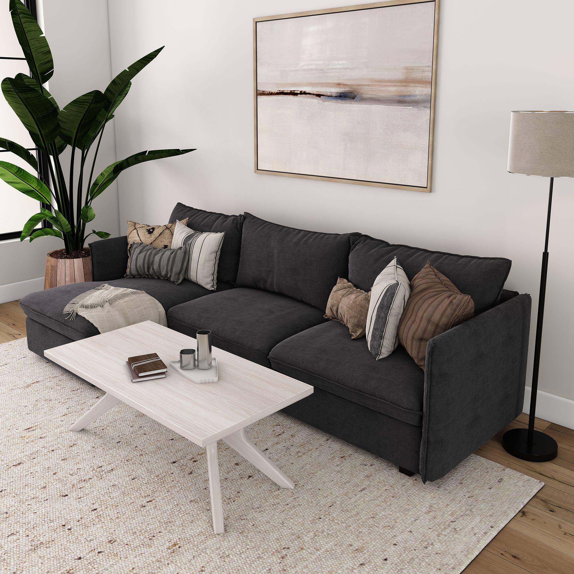 Alt View 4. Plank+Beam - Cross Leg Rectangular Coffee Table (48in x 24in / 1220mm x 610mm), White Sand Wirebrush - White Sand Wirebrush.
