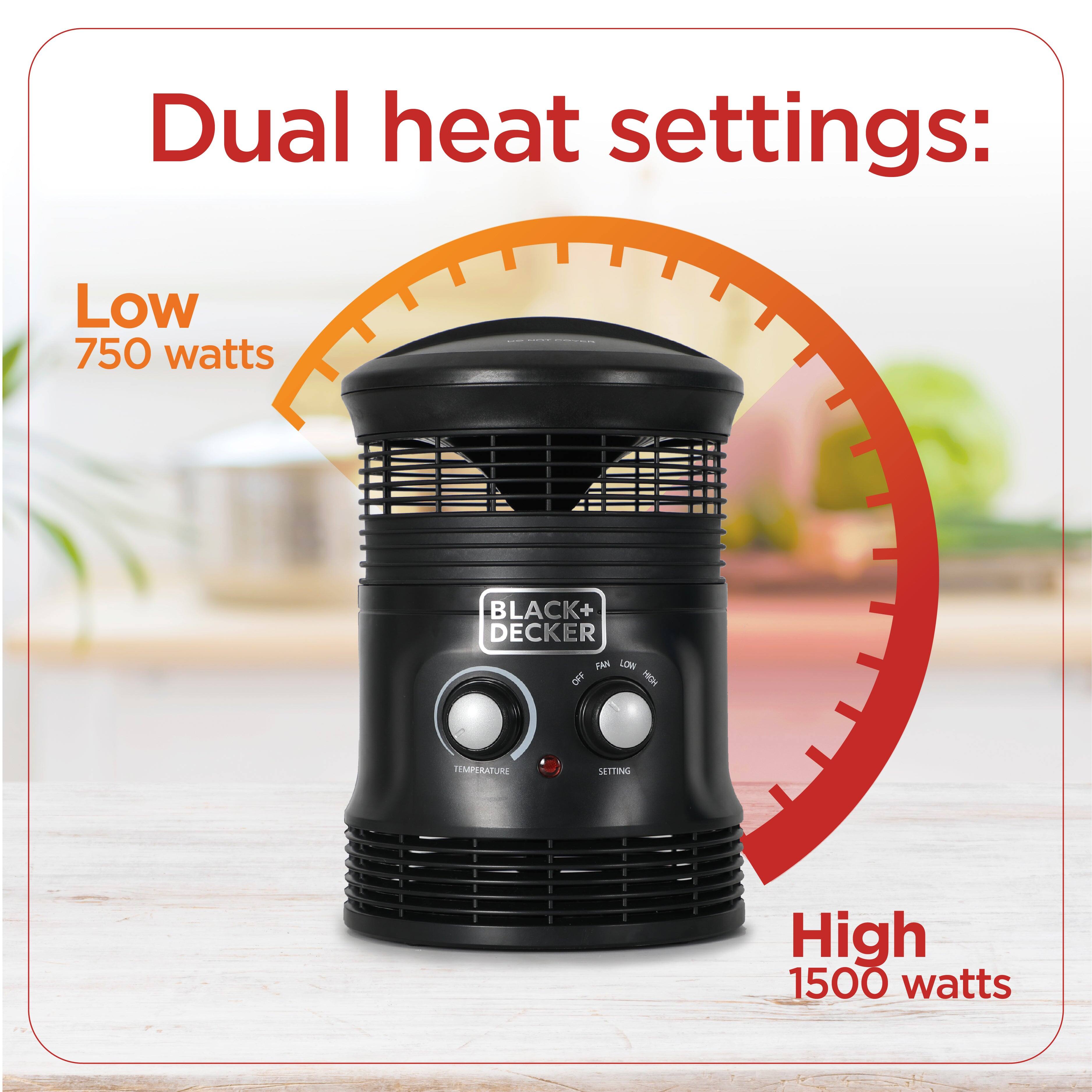 Dual heat settings: Low 750 watts BLACK + DECKER OFF LOW HIGH TEMPERATURE SETTING High 1500 watts
