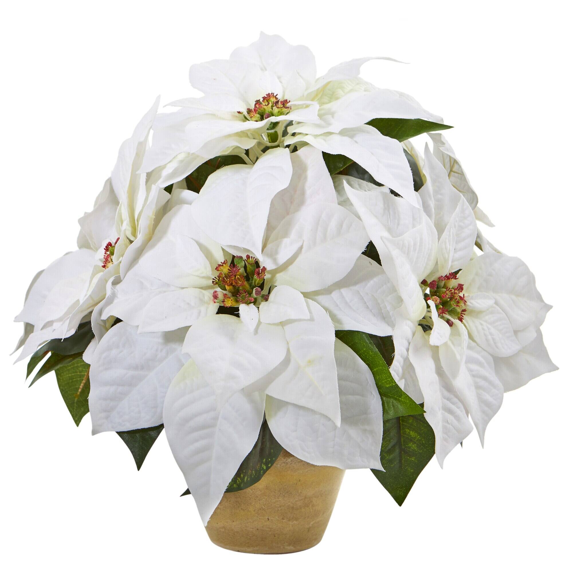 Front. BreeBe - 13" Poinsettia Artificial Arrangement in Ceramic Vase - White, Green.