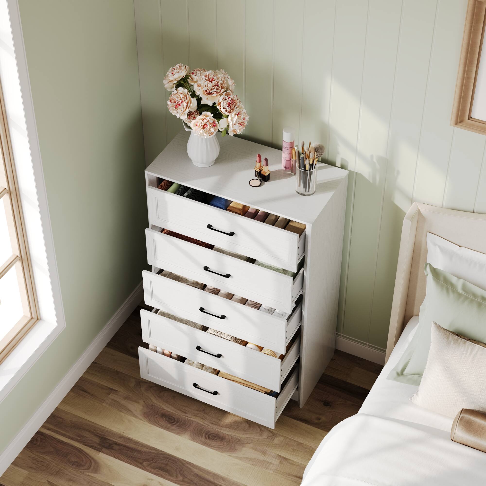 Angle. FUFU&GAGA - Vintage Light Wood Grain 5-Drawer Dresser, Modern Minimalist Design, Eco-Friendly MDF, Perfect for Bedroom, Living Room - White.