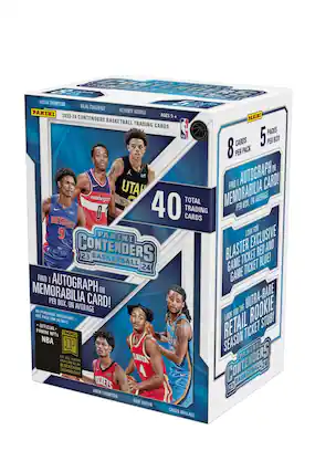 A box of Panini Contenders basketball trading cards contains 5 cards per pack and a total of 40 cards per box. The packs also include an average of 1 autograph or memorabilia card per box. The cards feature players such as Bilal Coulter-Niell, Keyonte George, and Washington. The box also contains a game ticket for the 2023-24 NBA season. The cards are designed with blockchain technology, making them unique and valuable.