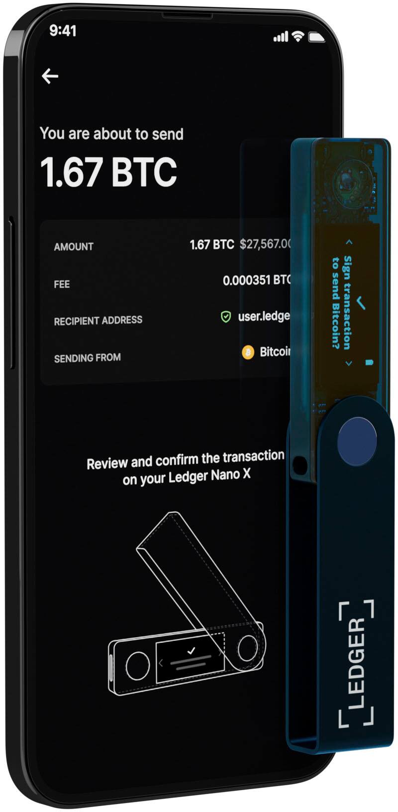 You are about to send 1.67 BTC. The recipient address is [RECIPIENT ADDRESS]. The sending address is [SENDING FROM]. The transaction fee is 0.000351 BTC. Review and confirm the transaction on your Ledger Nano X.