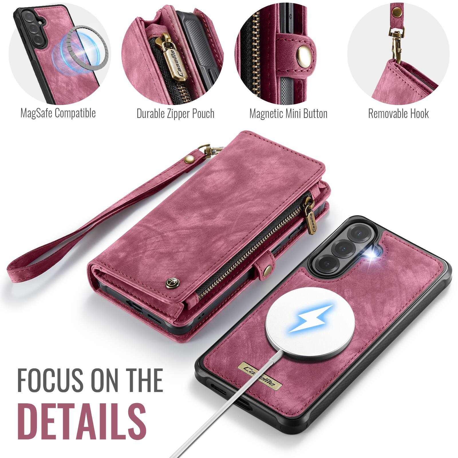 MagSafe Compatible  
Durable Zipper Pouch  
Magnetic Mini Button  
Removable Hook  

FOCUS ON THE DETAILS