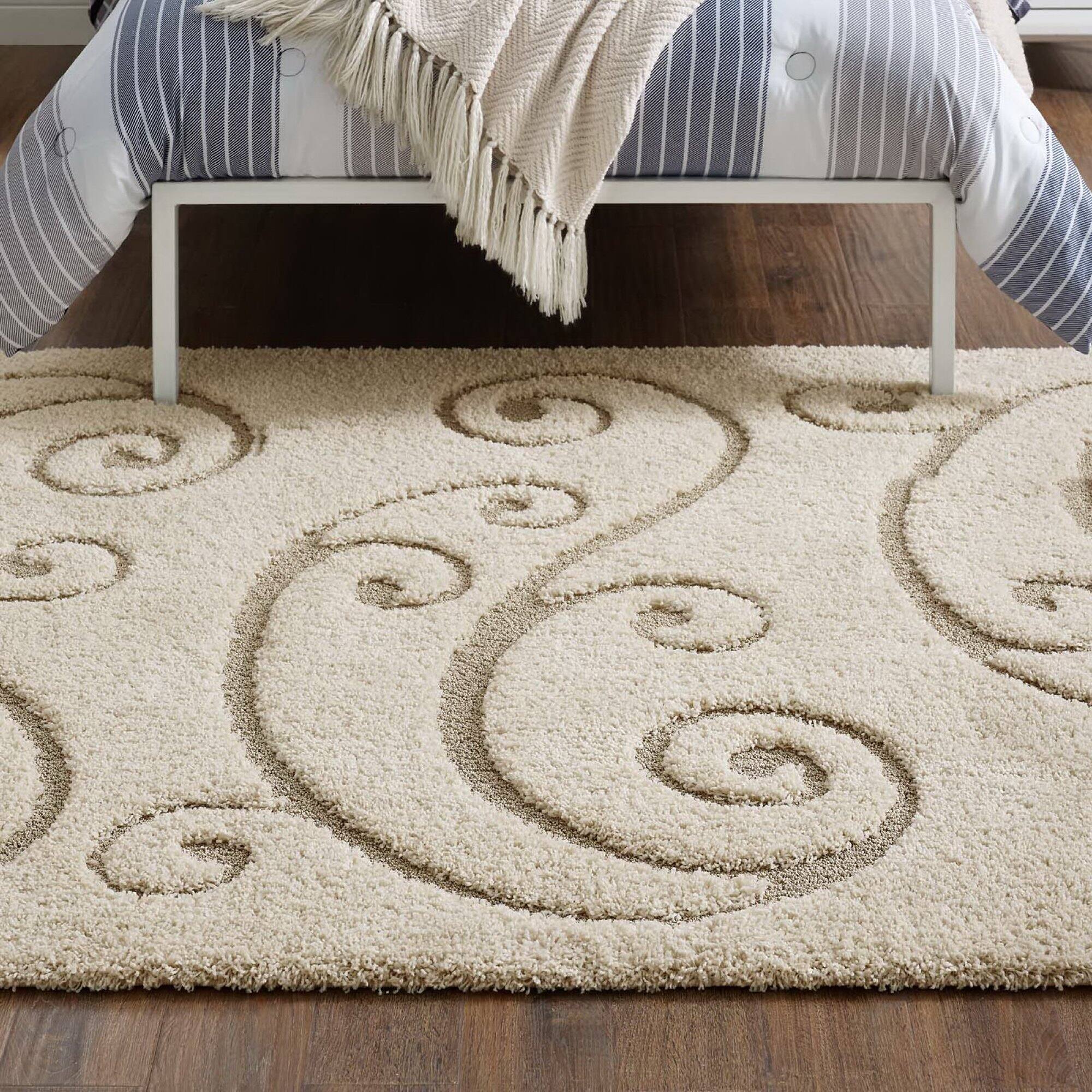 Left. Modway - Jubilant Sprout Scrolling Vine Shag Area Rug - Creame and Beige.