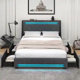 LUCKY ONE - Full Assembled Platform Bed Frame with LED Lights Wingback Headboard Charging Station Storage Drawers - Gray