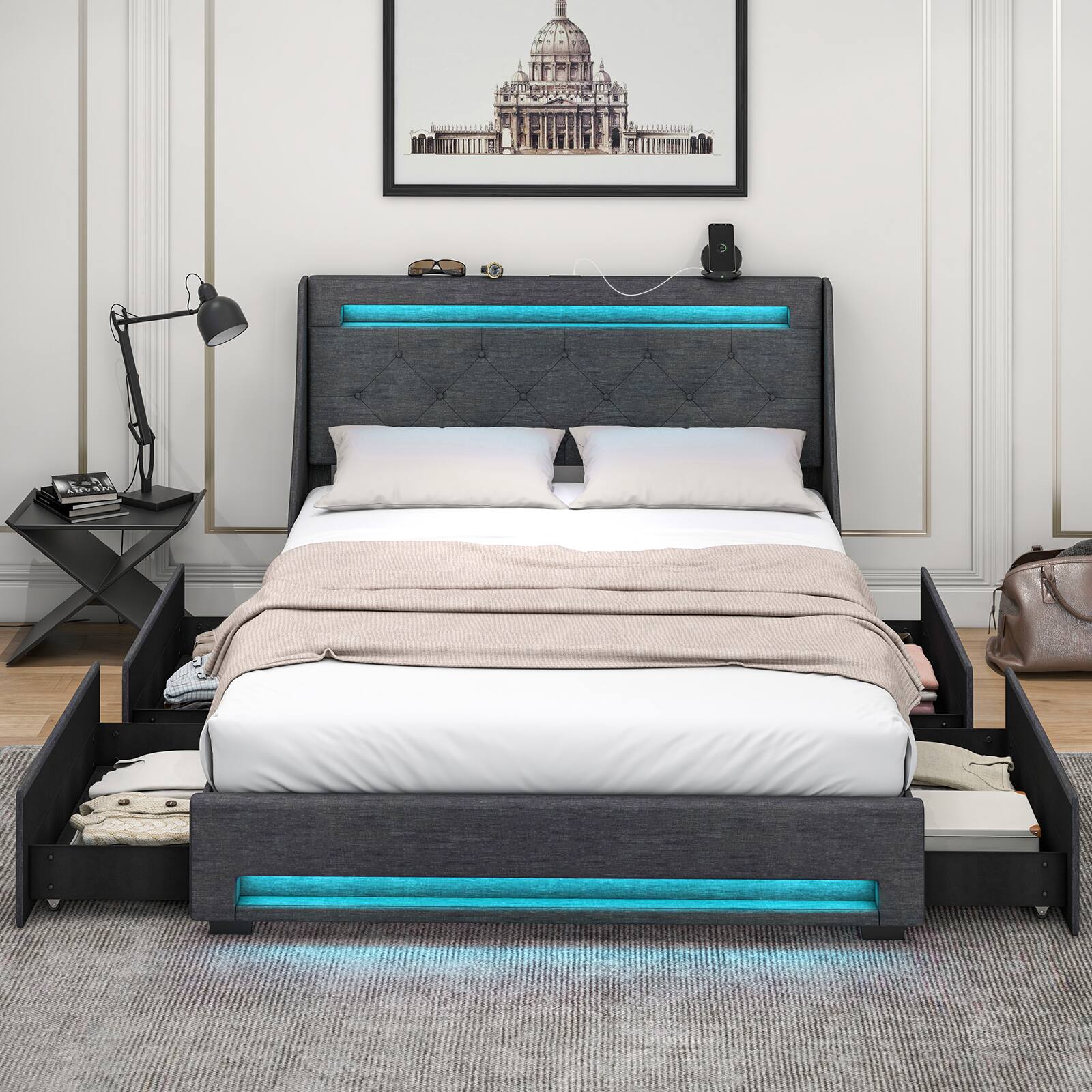Front. LUCKY ONE - Full Assembled Platform Bed Frame with LED Lights Wingback Headboard Charging Station Storage Drawers - Grey.