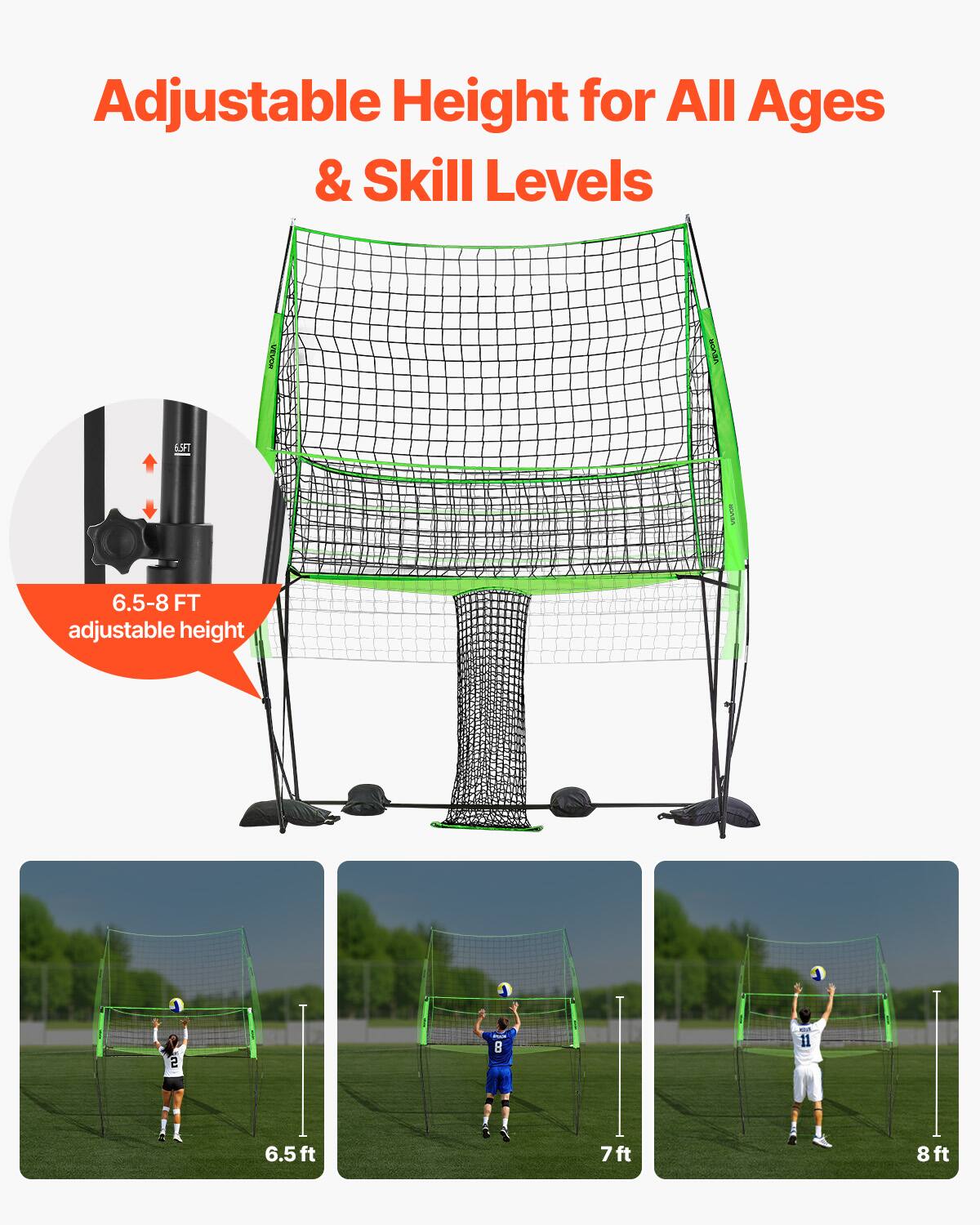 Adjustable Height for All Ages & Skill Levels

6.5-8 FT adjustable height

6.5 ft

7 ft

8 ft