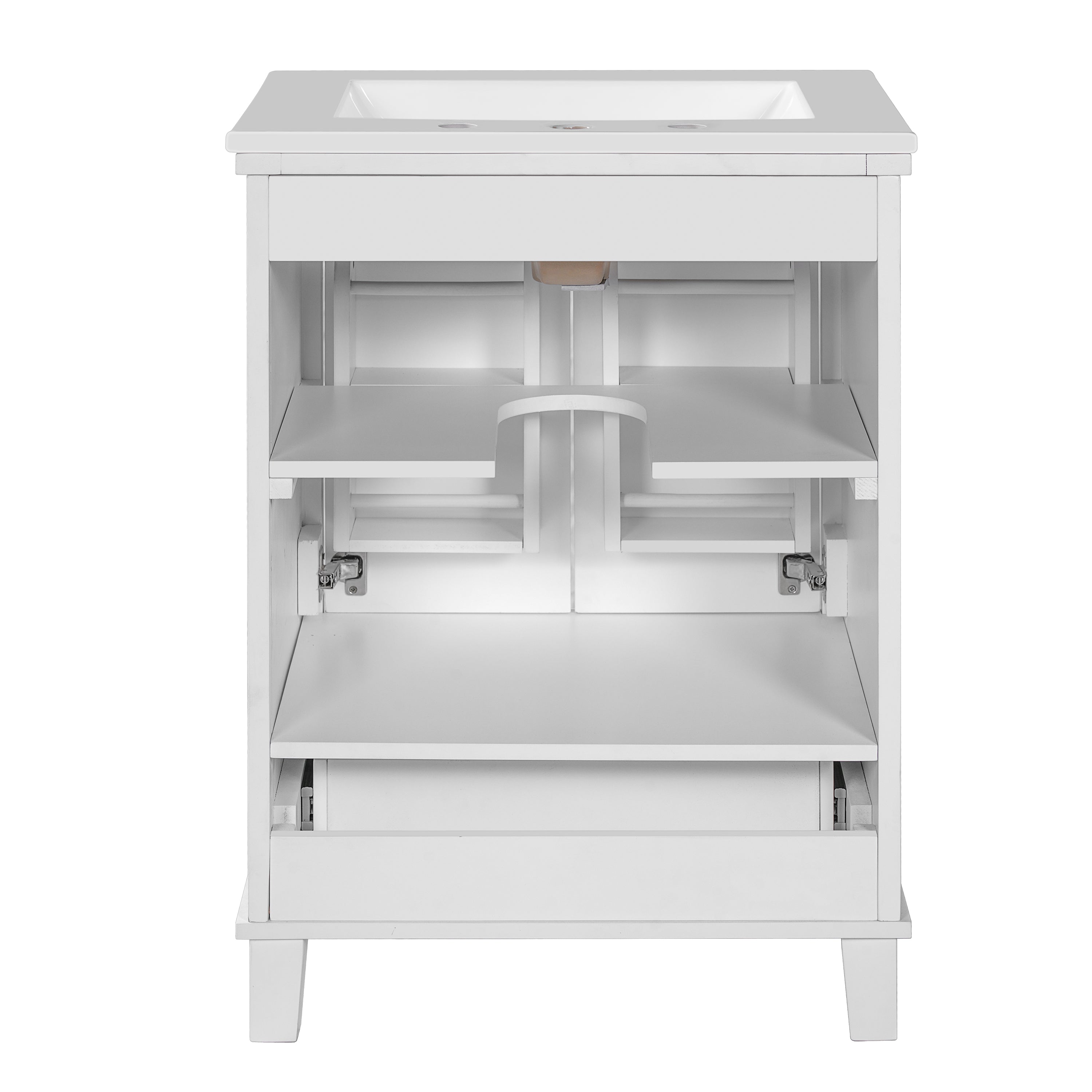 Back. Boyel Living - 24 Inch White Bathroom Vanity with Ceramic Sink, 2 Soft Close Doors, 1 Divided Drawer, Dual Door Shelves - White.