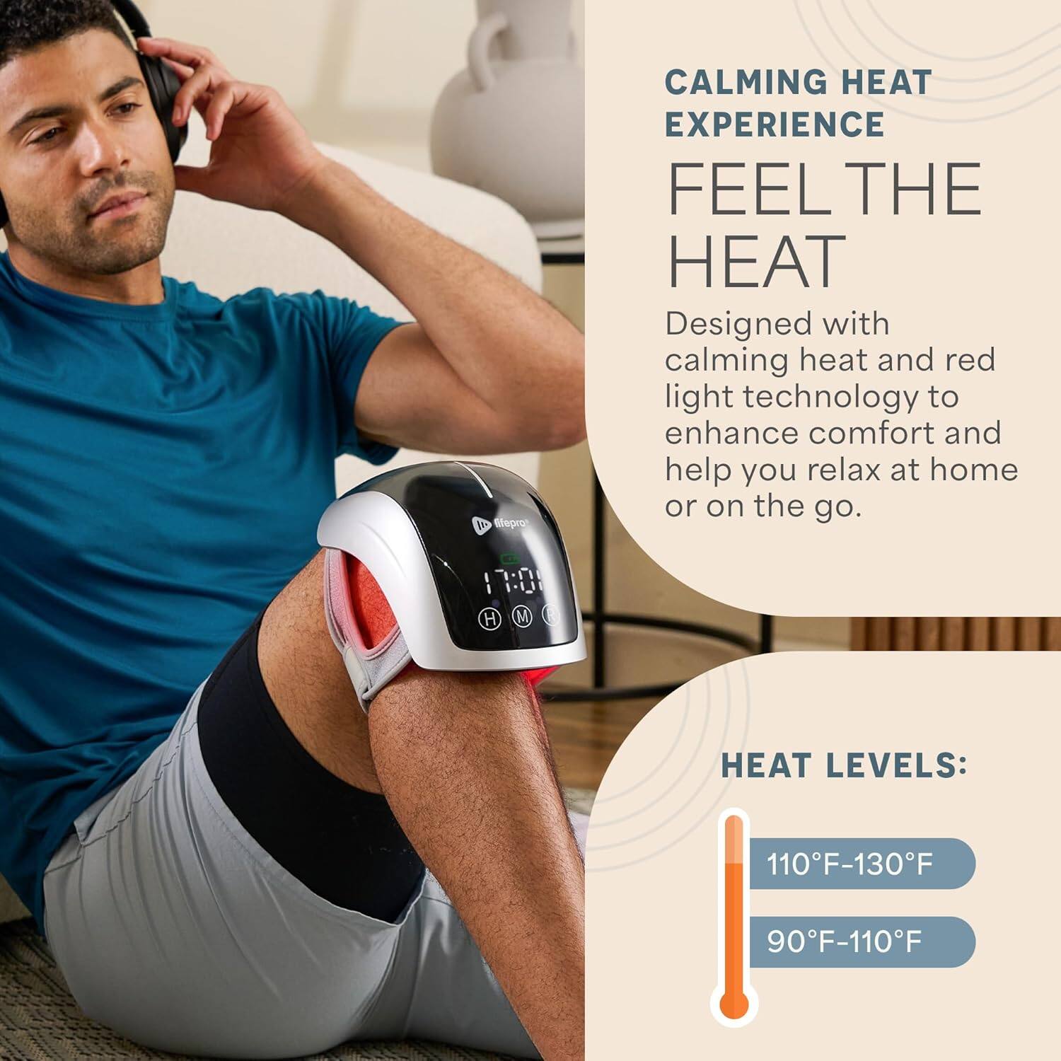 CALMING HEAT EXPERIENCE  
FEEL THE HEAT  

Designed with calming heat and red light technology to enhance comfort and help you relax at home or on the go.  

HEAT LEVELS:  
110°F-130°F  
90°F-110°F