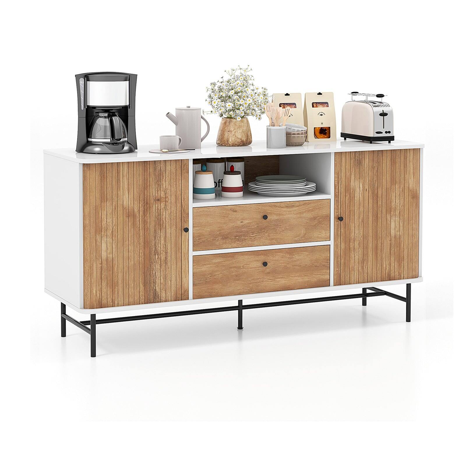 Alt View 4. Boyel Living - White Wood 59 in. Mid Century Modern Buffet Sideboard with Sliding Tambour Doors and 2 Storage Drawers - White.