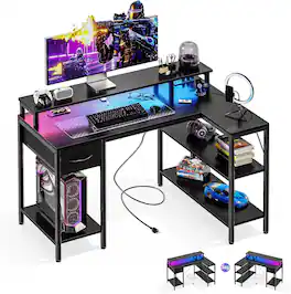 Sweet - 53” Gaming Desk, Reversible L Shaped Computer Desk with Power Outlets, LED Lights, Shelves and Drawer - Black
