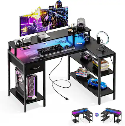 Front. Sweet - 47” Gaming Desk, Reversible L Shaped Computer Desk with Power Outlets, LED Lights, Shelves and Drawer, Black - Black.