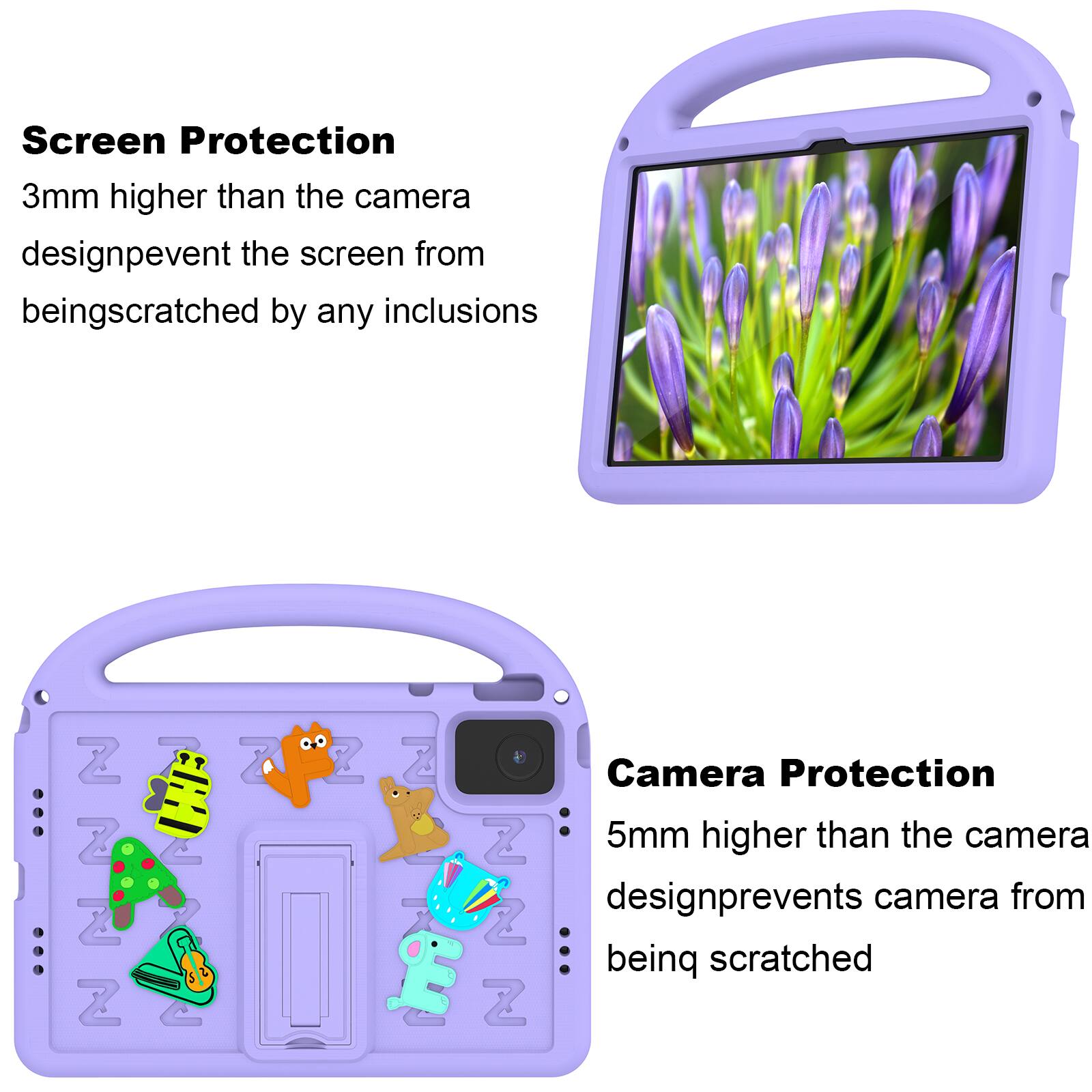 Screen Protection  
3mm higher than the camera design prevents the screen from being scratched by any inclusions

Camera Protection  
5mm higher than the camera design prevents camera from being scratched