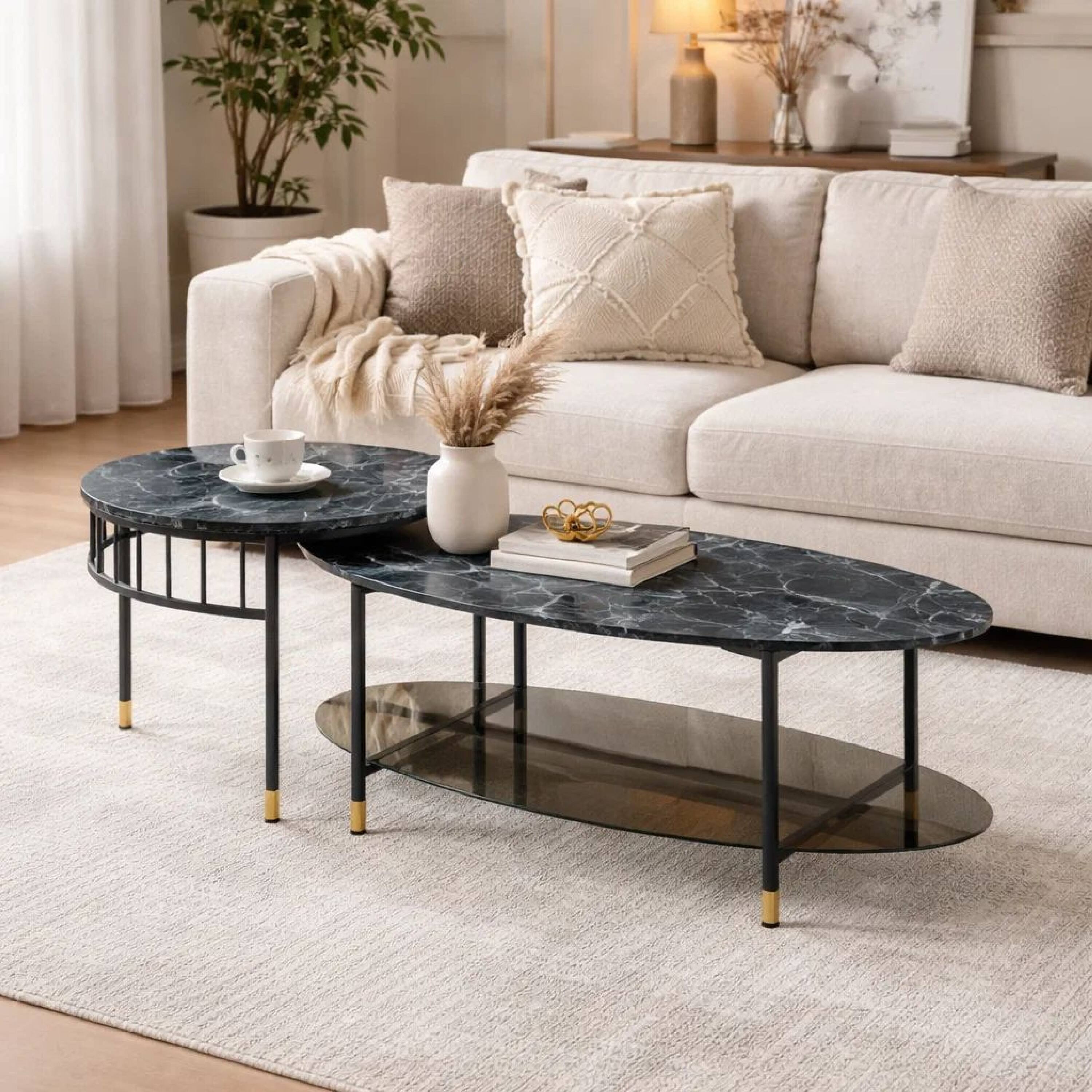 Alt View 5. Manhattan Lane - 40 Inch 2 Piece Nesting Coffee Table, Faux Marble Top, Glass Shelf - Black.