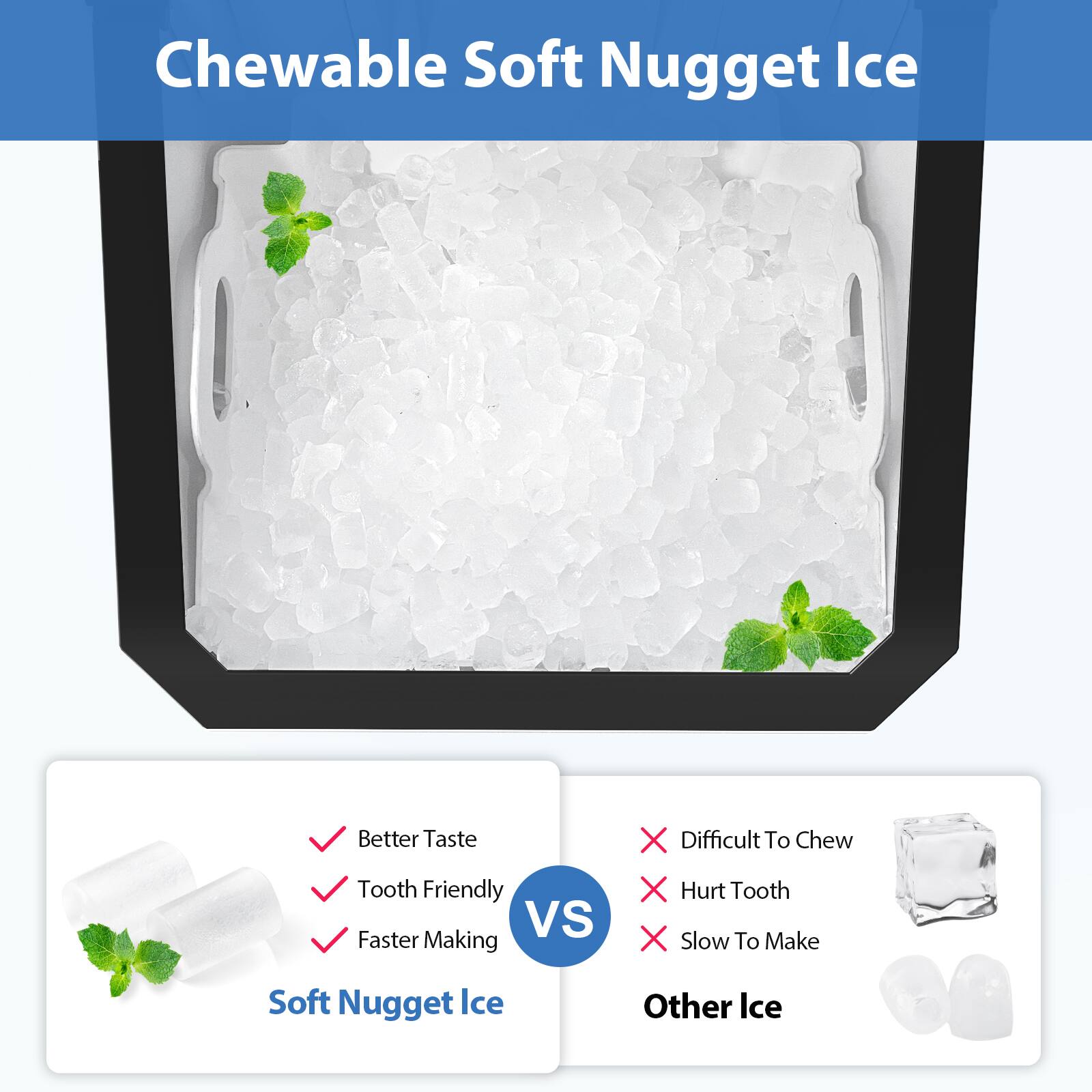 Chewable Soft Nugget Ice

Better Taste  
Tooth Friendly  
Faster Making  

VS  

Difficult To Chew  
Hurt Tooth  
Slow To Make  

Soft Nugget Ice  
Other Ice