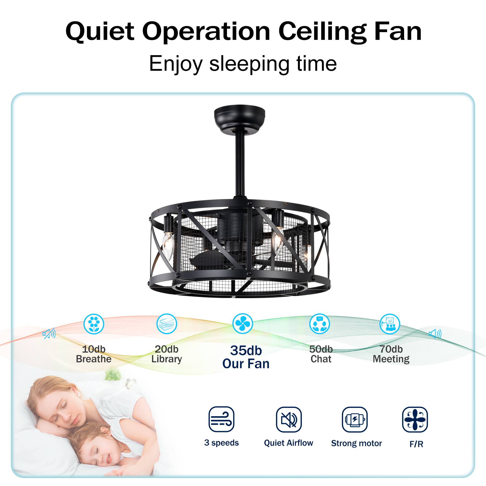 Quiet Operation Ceiling Fan  
Enjoy sleeping time  

10db Breathe  
20db Library  
35db Our Fan  
50db Chat  
70db Meeting  

3 speeds  
Quiet Airflow  
Strong motor  
F/R