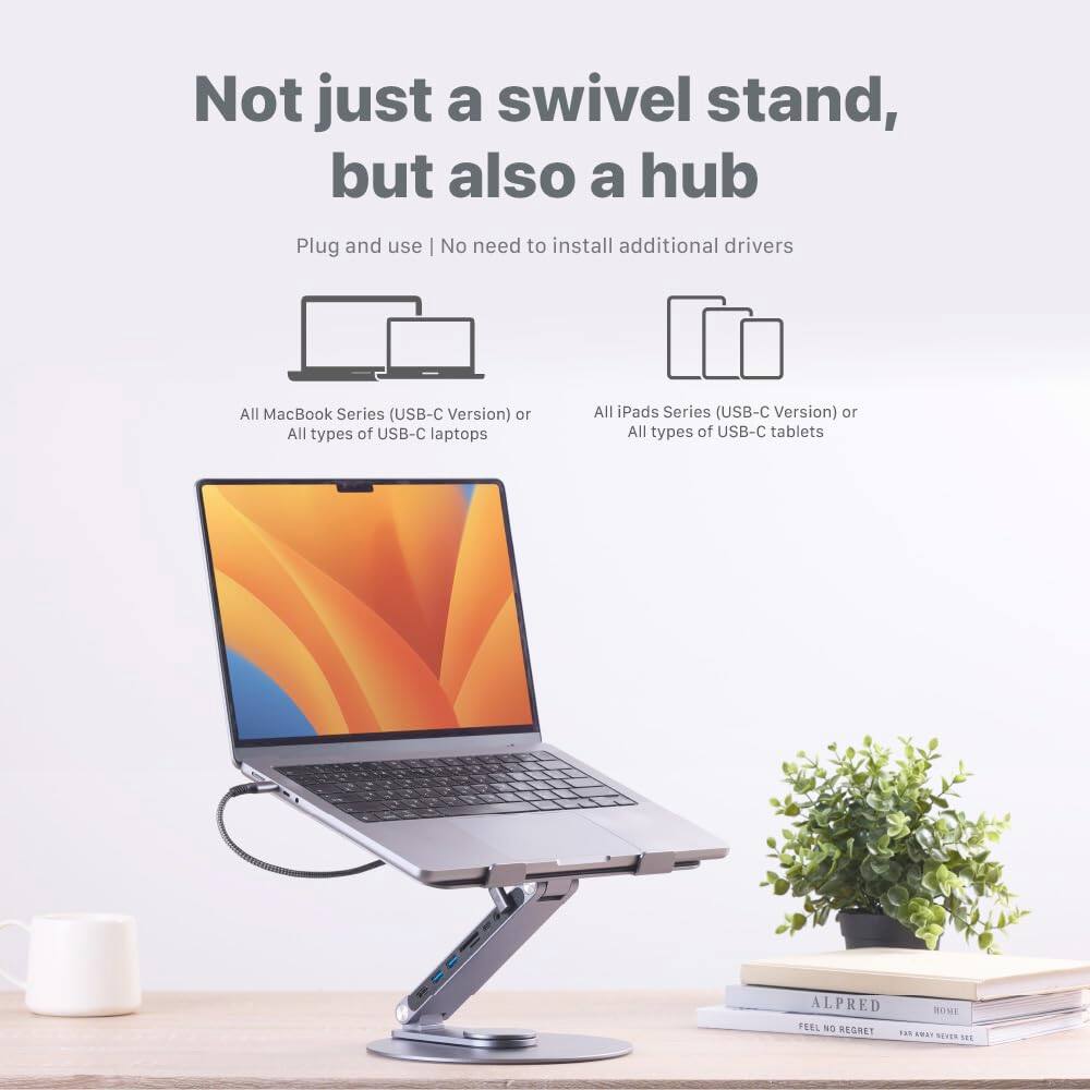 Not just a swivel stand, but also a hub

Plug and use | No need to install additional drivers

All MacBook Series (USB-C Version) or All types of USB-C laptops

All iPads Series (USB-C Version) or All types of USB-C tablets