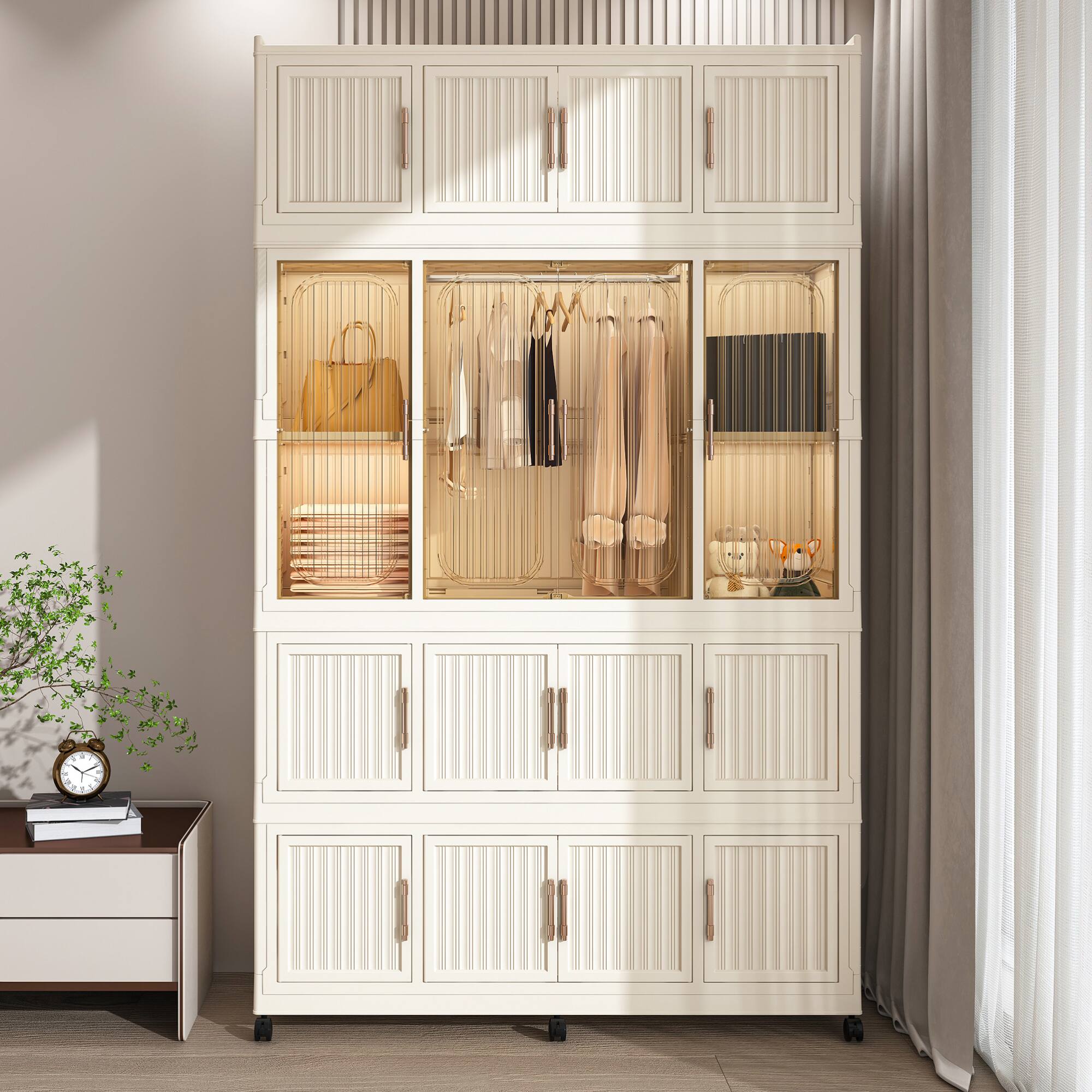 Front. GOODSILO - Portable Wardrobe Closet Storage Organizer with 17 Magnetic Doors, Multiple Cubes and Hanging Rod for Home Organization - Cream White.