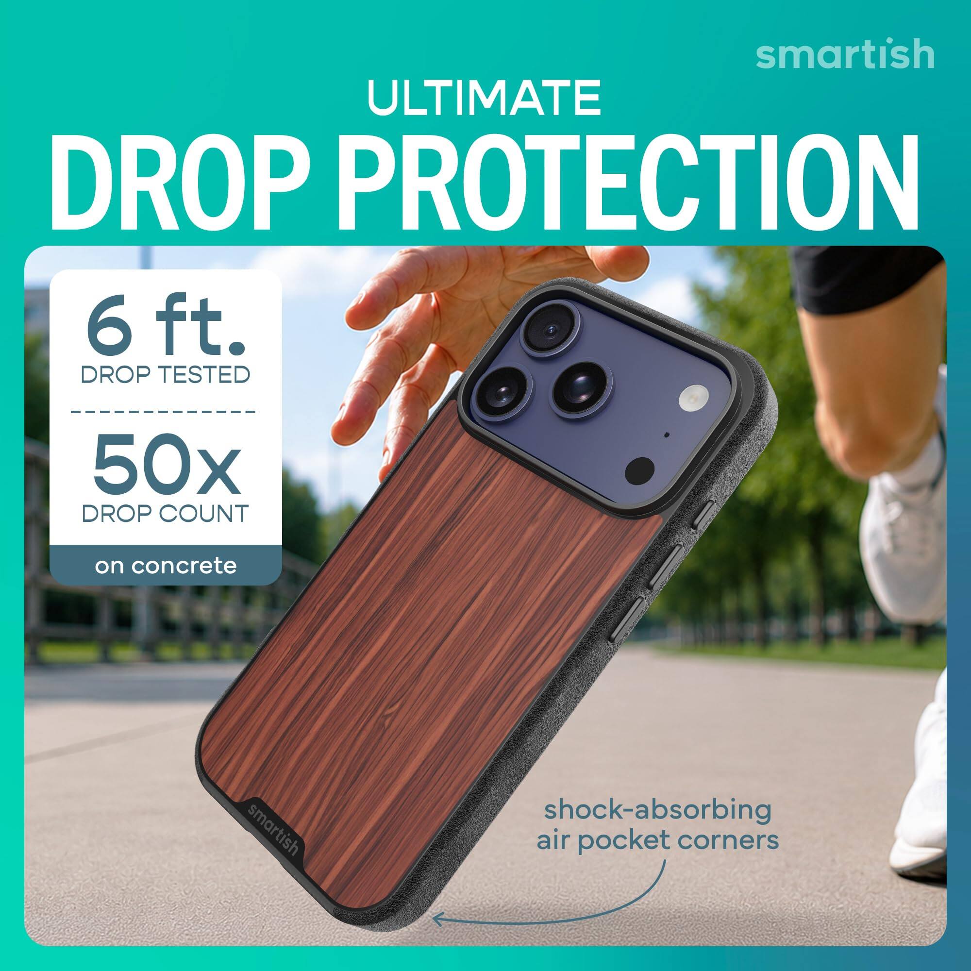 smartish ULTIMATE DROP PROTECTION  
6 ft. DROP TESTED  
50x DROP COUNT  
on concrete  
smartish  
shock-absorbing air pocket corners