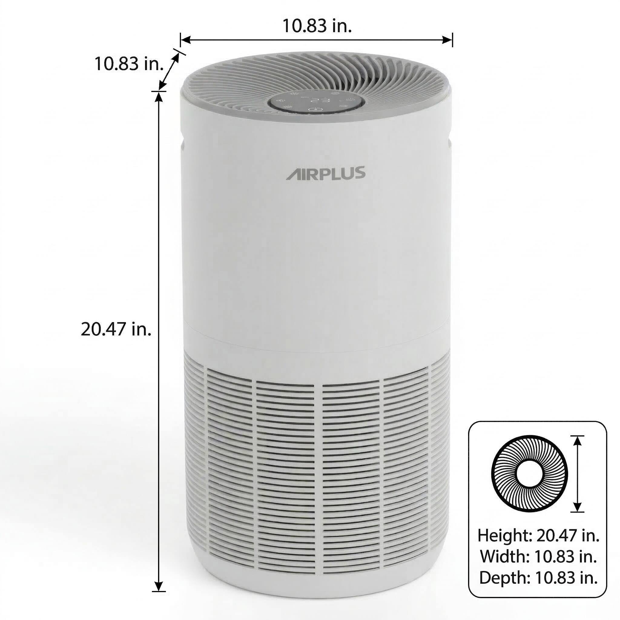 10.83 in.  
10.83 in.  
AIRPLUS  
20.47 in.  
Height: 20.47 in.  
Width: 10.83 in.  
Depth: 10.83 in.