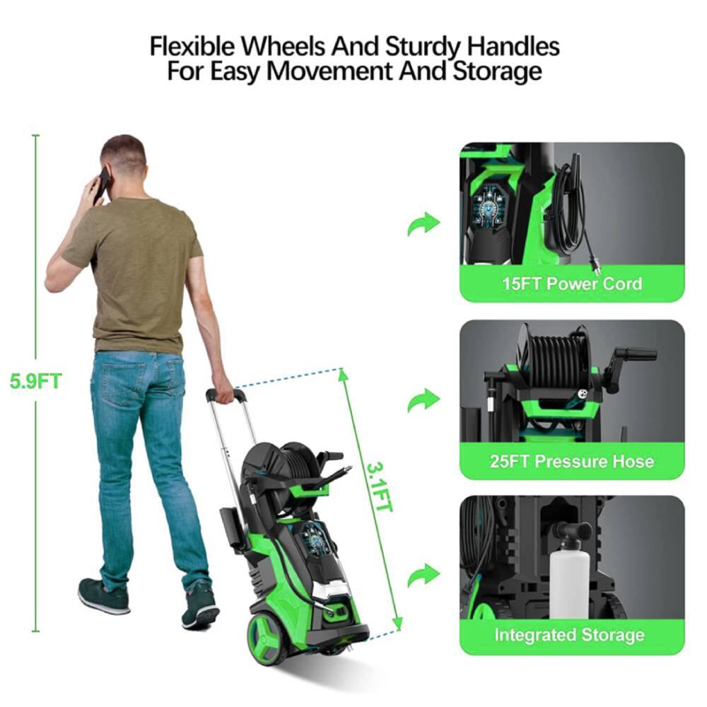 Flexible Wheels And Sturdy Handles For Easy Movement And Storage

- 15FT Power Cord
- 25FT Pressure Hose
- Integrated Storage

Dimensions:
- 5.9FT
- 3.1FT