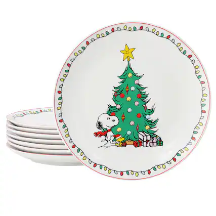 Front. Peanuts - Peanuts Xmas 8 Piece 10.5 Inch Round Stoneware Dinner Plate Set in White - White.