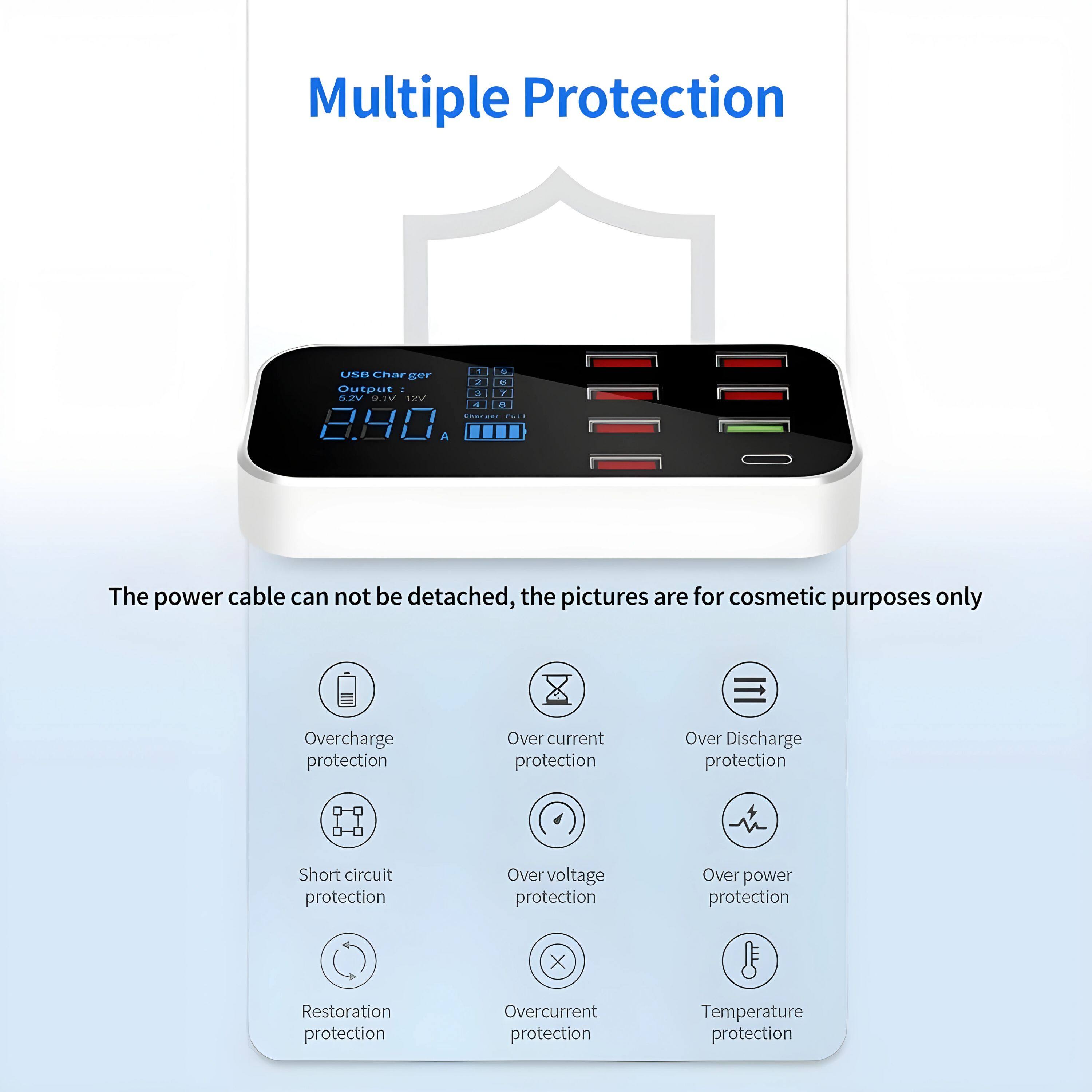 Multiple Protection

USB Charger  
Output: 12V  
8.80 A

The power cable can not be detached, the pictures are for cosmetic purposes only

- Overcharge protection
- Over current protection
- Over Discharge protection
- Short circuit protection
- Over voltage protection
- Over power protection
- Restoration protection
- Overcurrent protection
- Temperature protection