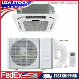 Babevy - 24000 BTU Ceiling Cassette Mini Split Ductless Cooling&Heating 8-way 360 Airflow w/ Remote Controller &25ft Kit 208/230V