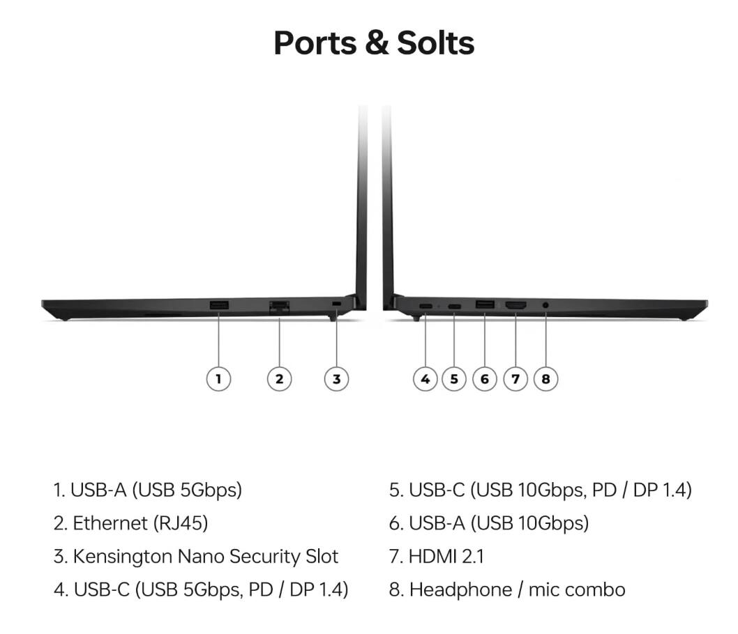 Ports & Slots

1. USB-A (USB 5Gbps)
2. Ethernet (RJ45)
3. Kensington Nano Security Slot
4. USB-C (USB 5Gbps, PD / DP 1.4)
5. USB-C (USB 10Gbps, PD / DP 1.4)
6. USB-A (USB 10Gbps)
7. HDMI 2.1
8. Headphone / mic combo
