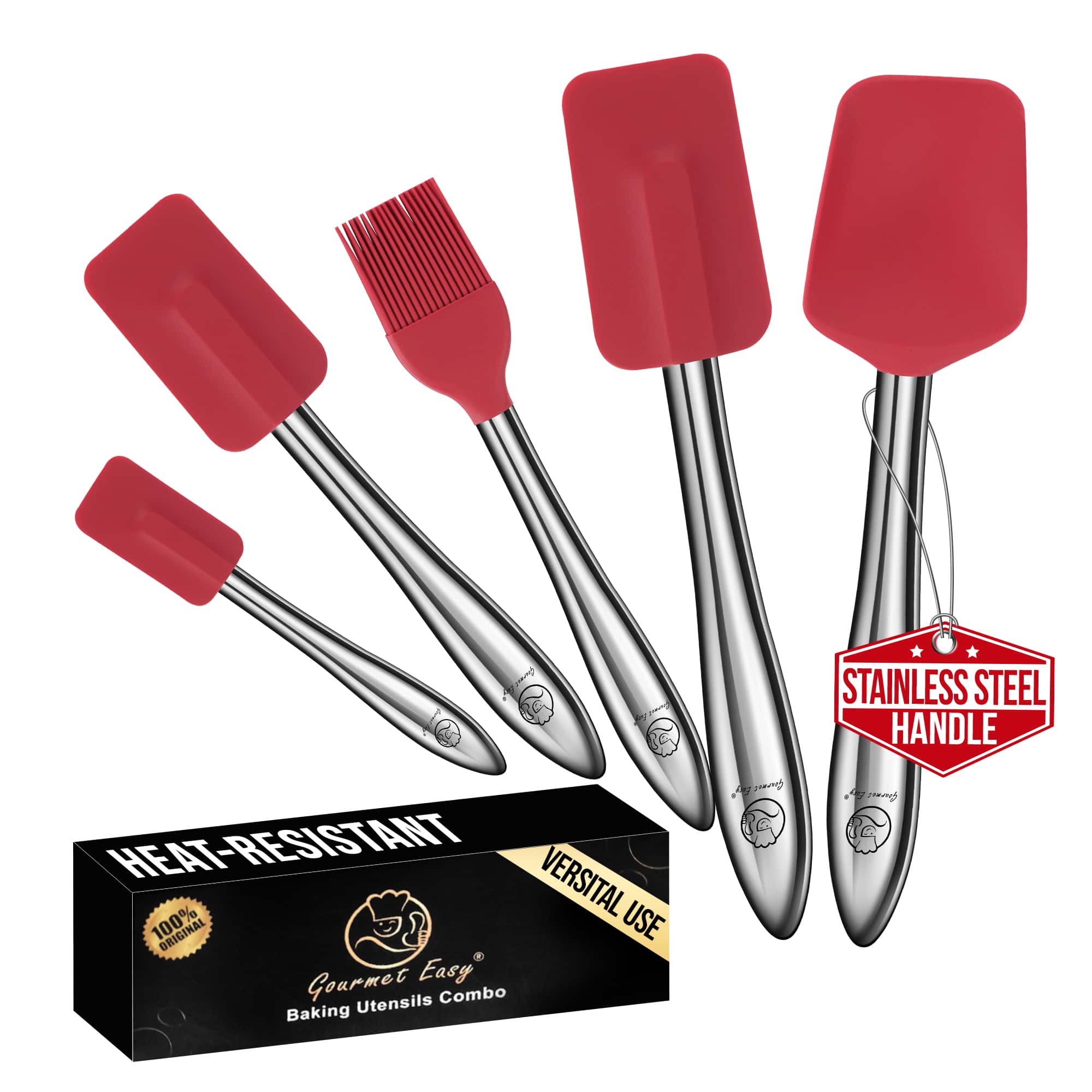 Gourmet Easy - 5pcs Silicone Spatula Set with Stainless Steel Handle, Spatulas for Cooking & Baking with Spoonula & Brush - Red