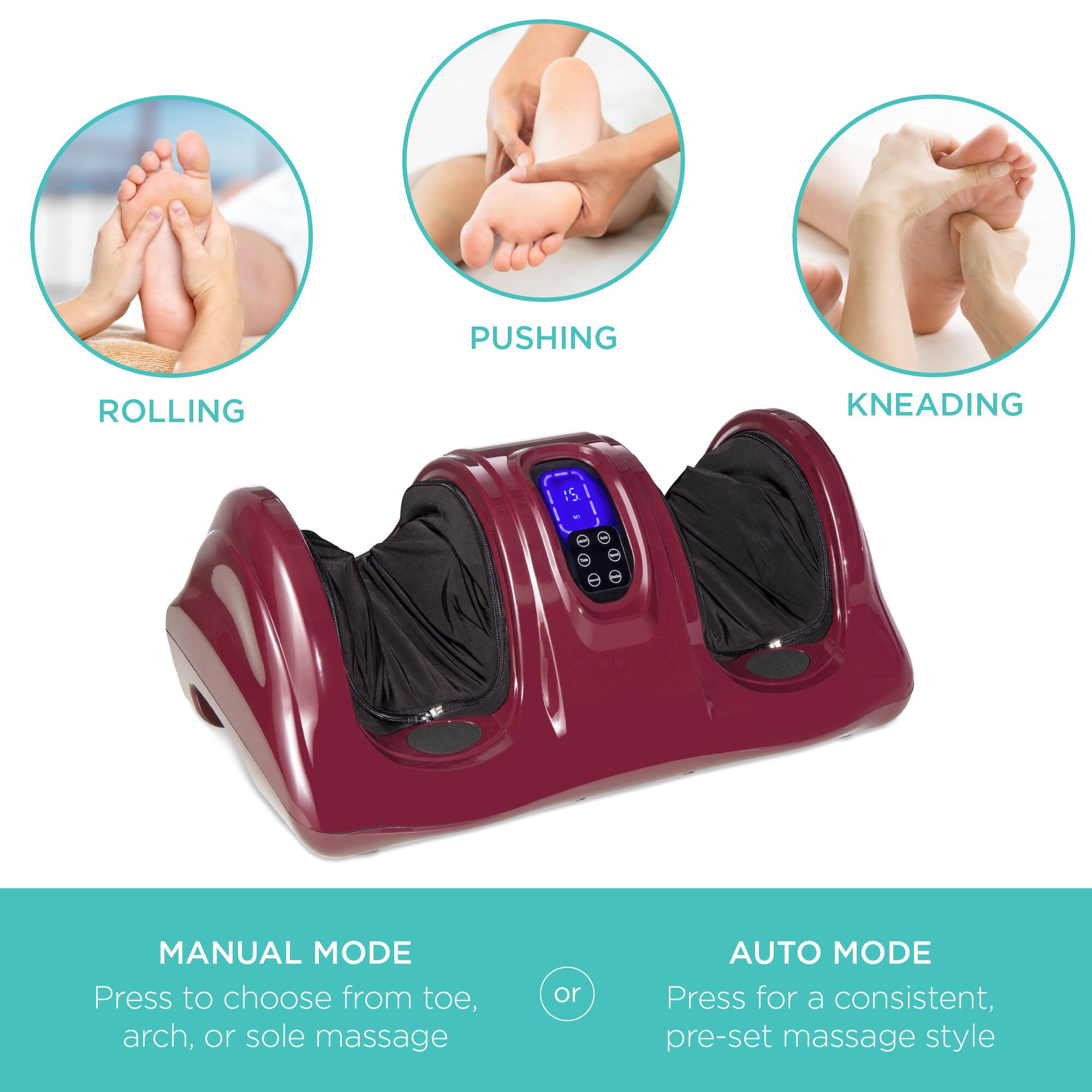 The text on the image can be grouped and corrected as follows:

**Manual Mode:**
- Press to choose from toe, arch, or sole massage.

**Auto Mode:**
- Press for a consistent, pre-set massage style.

**Massage Techniques:**
- Rolling
- Pushing
- Kneading