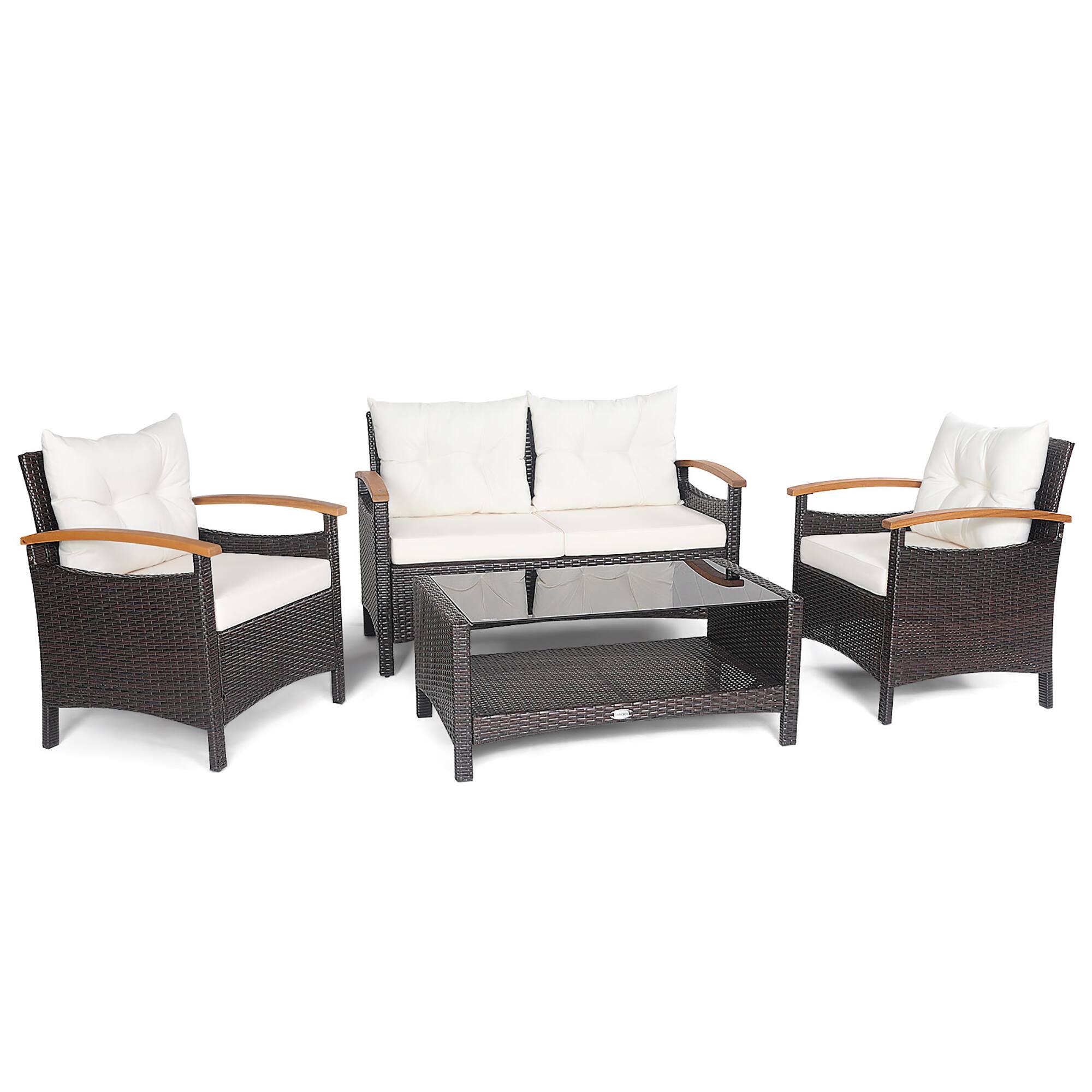 Front. Costway - Costway 4PCS Patio Rattan Conversation Set Cushioned Sofa Storage Table - Mixed Brown,Off White.