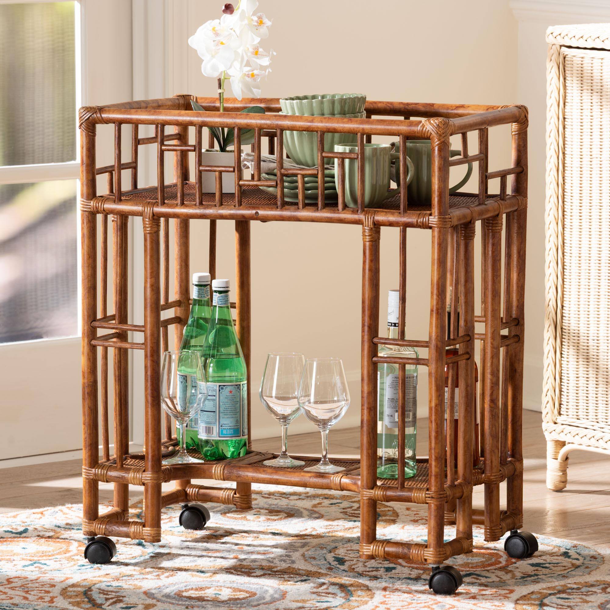 Alt View 3. bali & pari - bali & pari Tahlia Marbled Tortoise Rattan Kitchen Cart with Open Shelf - Marbled Tortoise Brown.