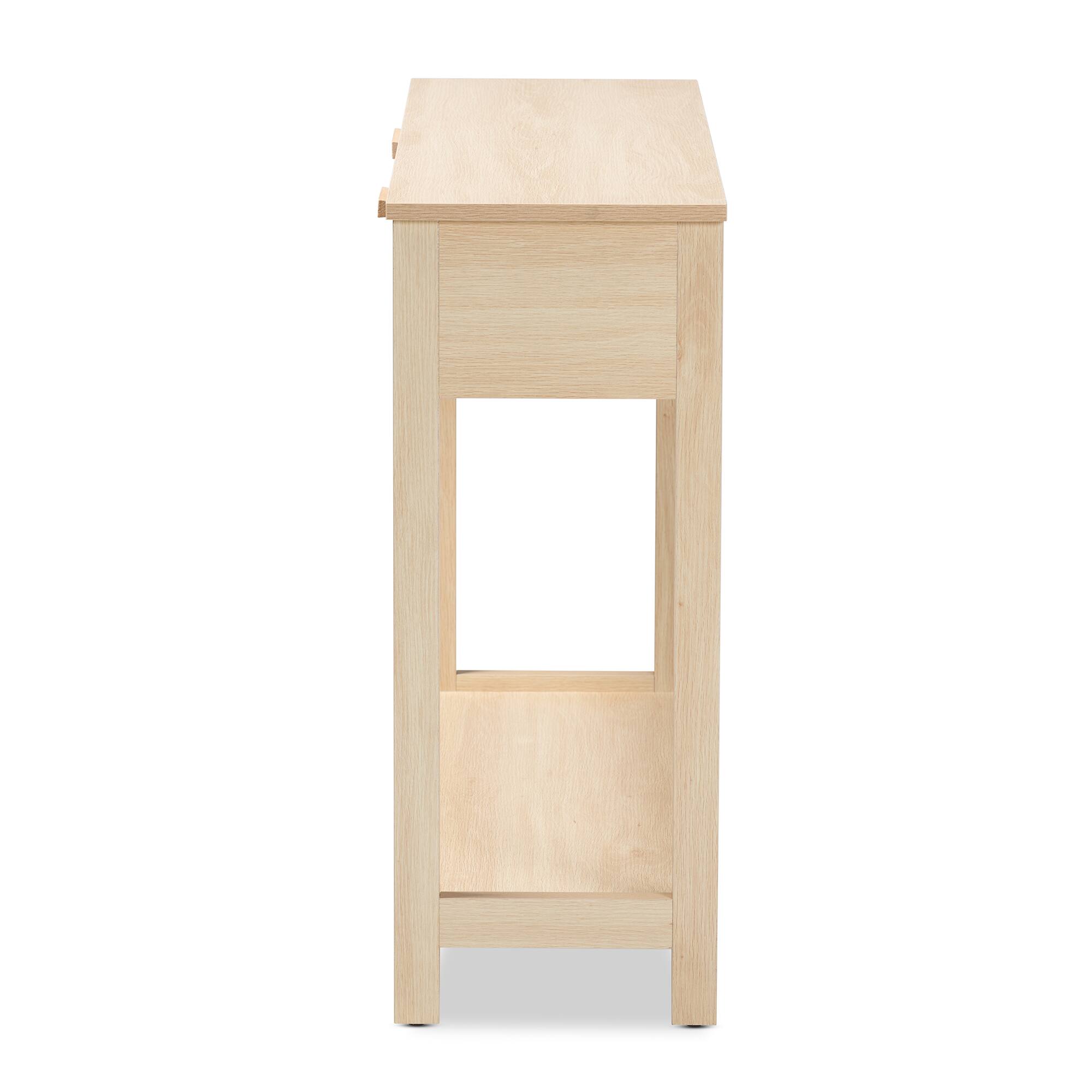 Back. Baxton Studio - Sebille Mid-Century Modern Finished Wood 2-Drawer Console Table with Rattan - Light Brown.