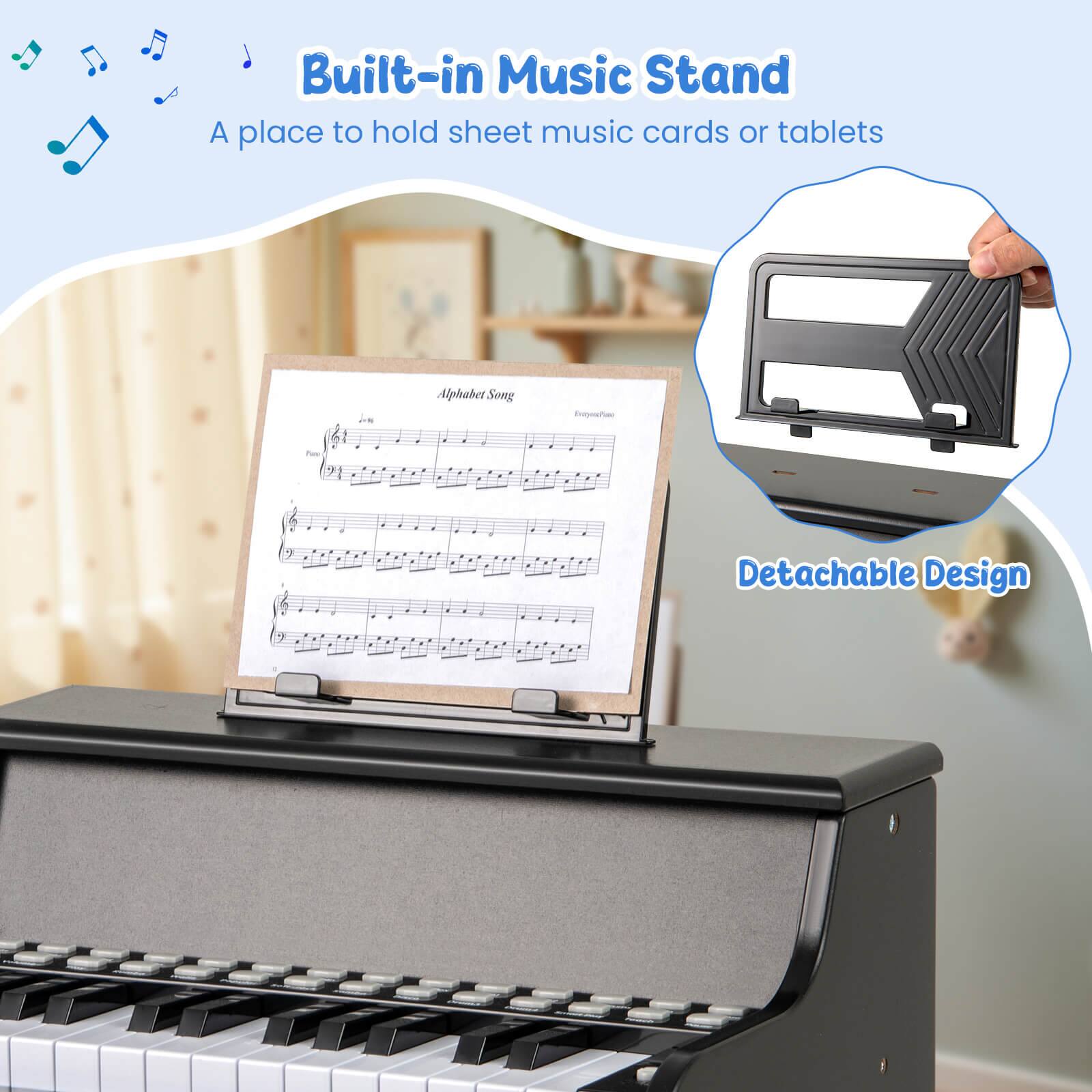 Built-in Music Stand  
A place to hold sheet music cards or tablets  

Alphabet Song  

Detachable Design