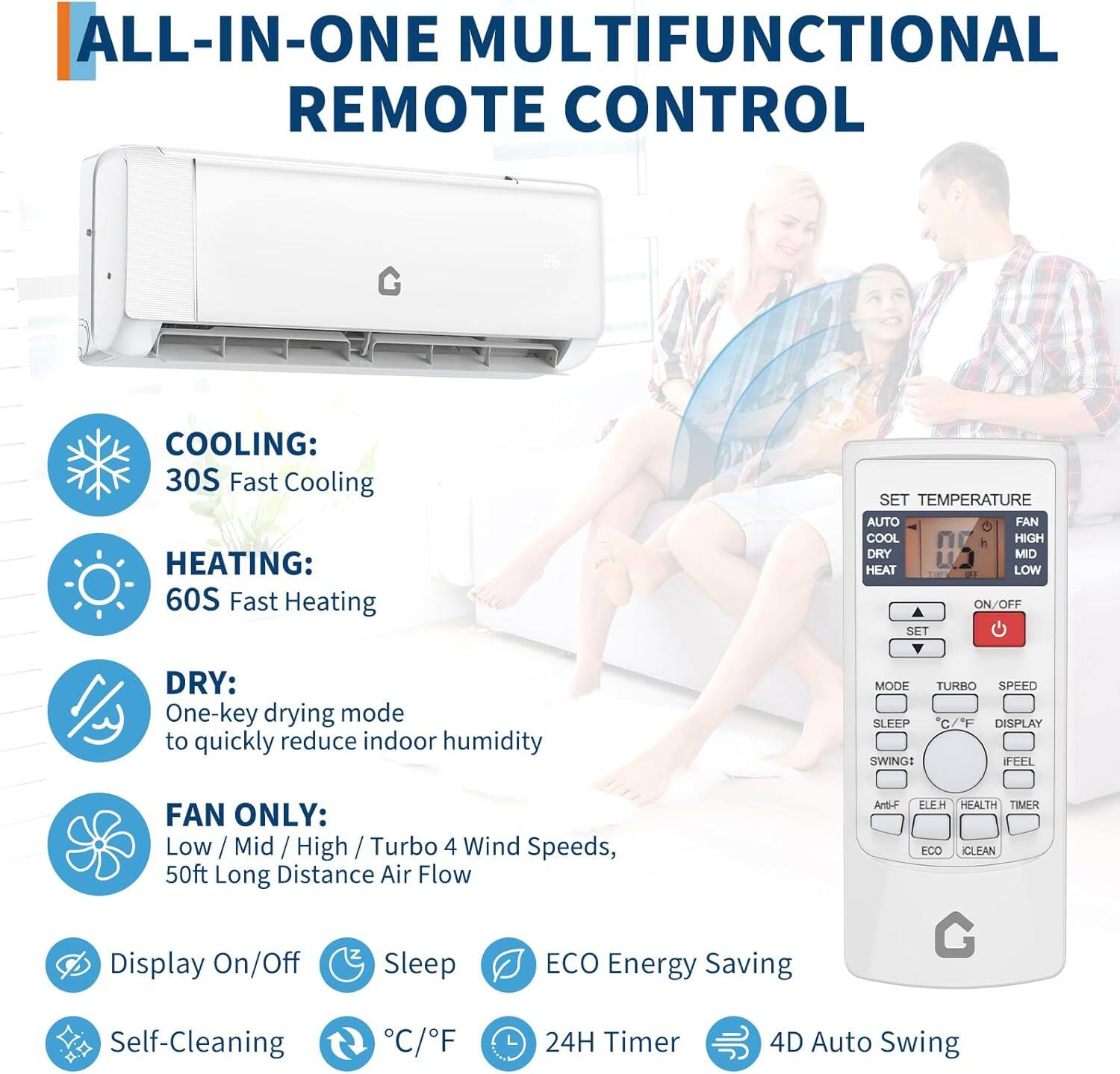 **ALL-IN-ONE MULTIFUNCTIONAL REMOTE CONTROL**

- **COOLING:** 30S Fast Cooling
- **HEATING:** 60S Fast Heating
- **DRY:** One-key drying mode to quickly reduce indoor humidity
- **FAN ONLY:** Low / Mid / High / Turbo 4 Wind Speeds, 50ft Long Distance Air Flow
- **SET TEMPERATURE:** Auto Fan, Cool, High, Dry, Mid, Heat, Low, On/Off
- **MODE:** Turbo, Speed, Display, Swing, I Feel
- **ECO Energy Saving**
- **Self-Cleaning**
- **C/F Display**
- **24H Timer**
- **4D Auto Swing**
- **Display On/Off**
- **Sleep**
- **Anti-F**
- **ELEH**
- **Health Timer**
- **IClean**