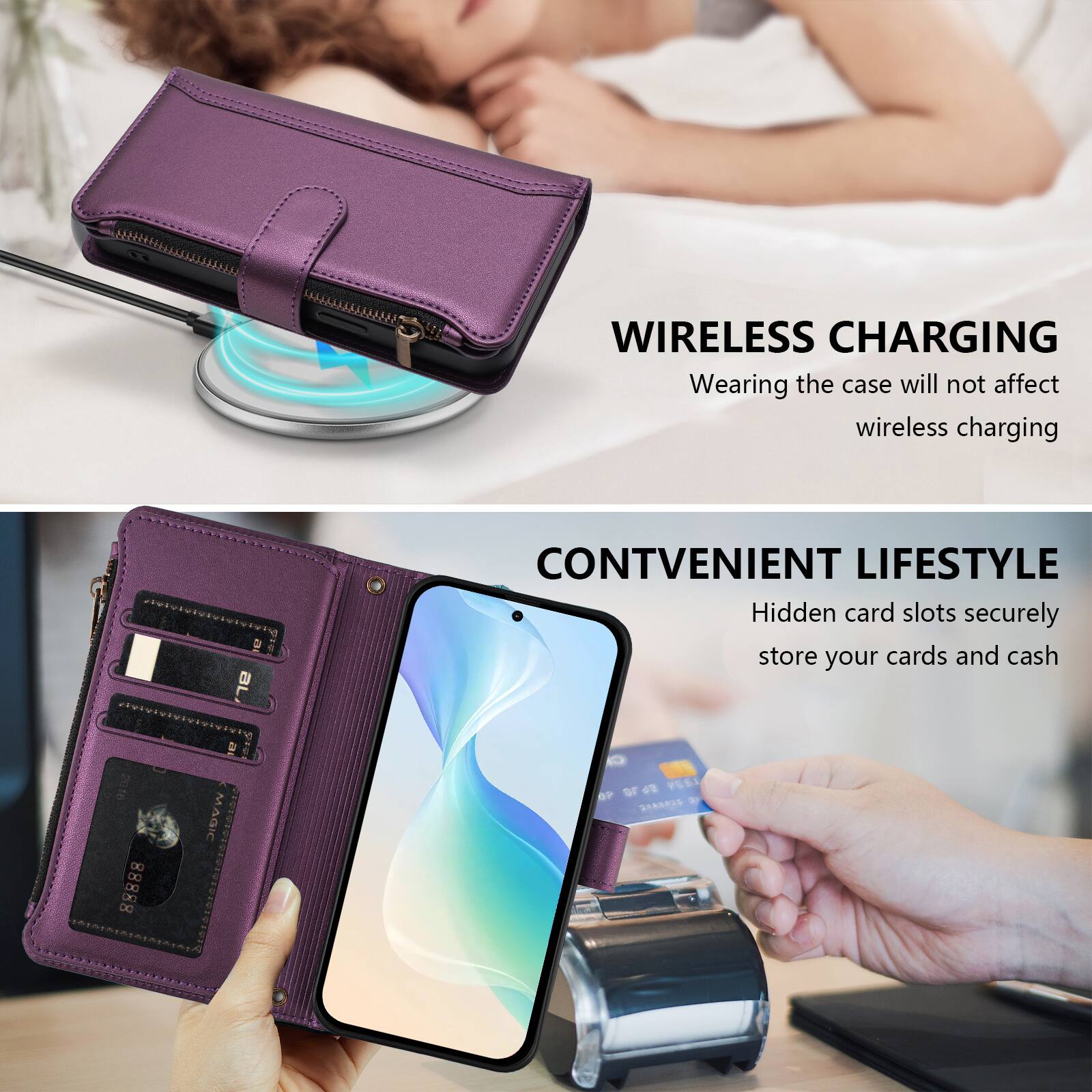 WIRELESS CHARGING  
Wearing the case will not affect wireless charging  

CONVENIENT LIFESTYLE  
Hidden card slots securely store your cards and cash