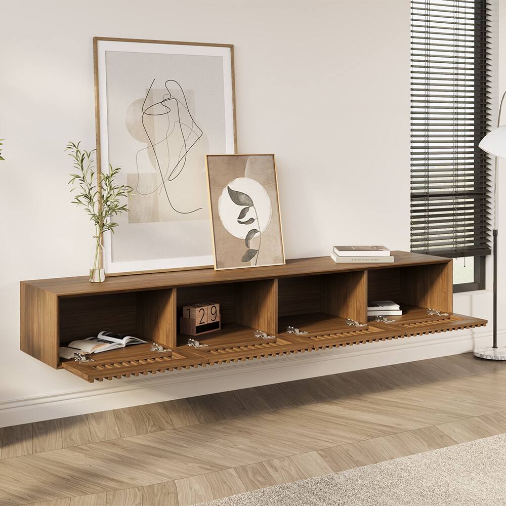 Alt View 8. POVISON - 79"Modern Floating TV Stand, Storage Four Cabinets, Walnut Color TV Console,Media Console - Walnut Color.