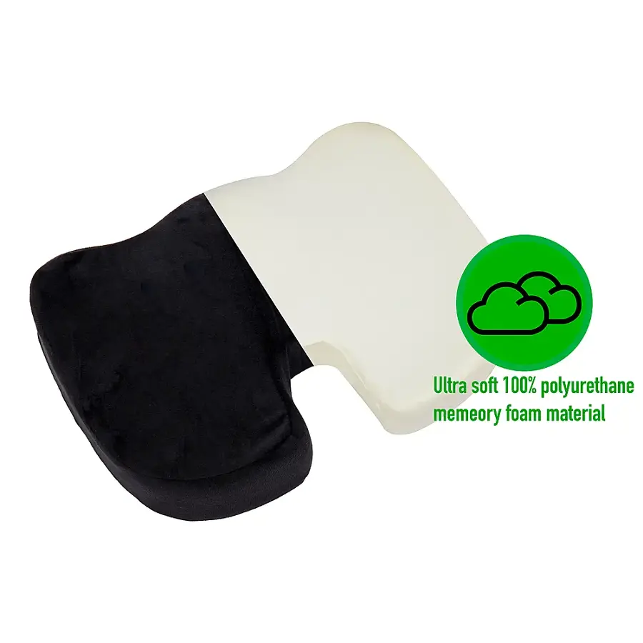 The image features a black and white pillow made of 100% polyurethane memory foam material. The pillow is ultra soft and has a cloud icon on it, indicating its comfort and quality.