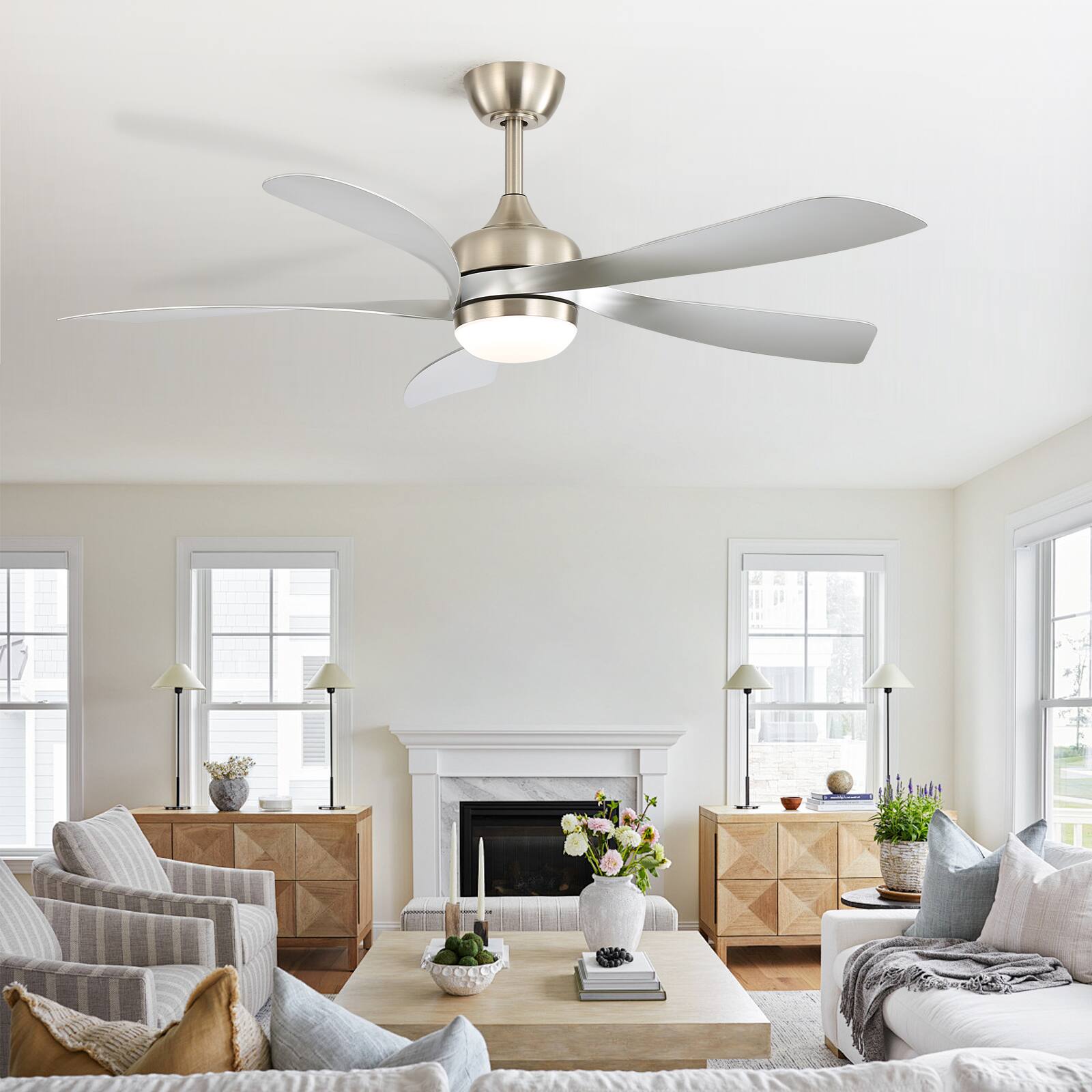 Alt View 4. Sofucor - 52 Inch Ceiling Fan with Remote and Lights Quiet DC Motor 5 Blades High CFM Modern Bedroom Ceiling Fan - Nickel - Silver.