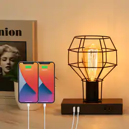 Oumilen - Industrial Metal Cage Table Lamp with Dual USB Ports & Power Outlet, E26 Socket, 8.66in Tall for Bedroom Living Room